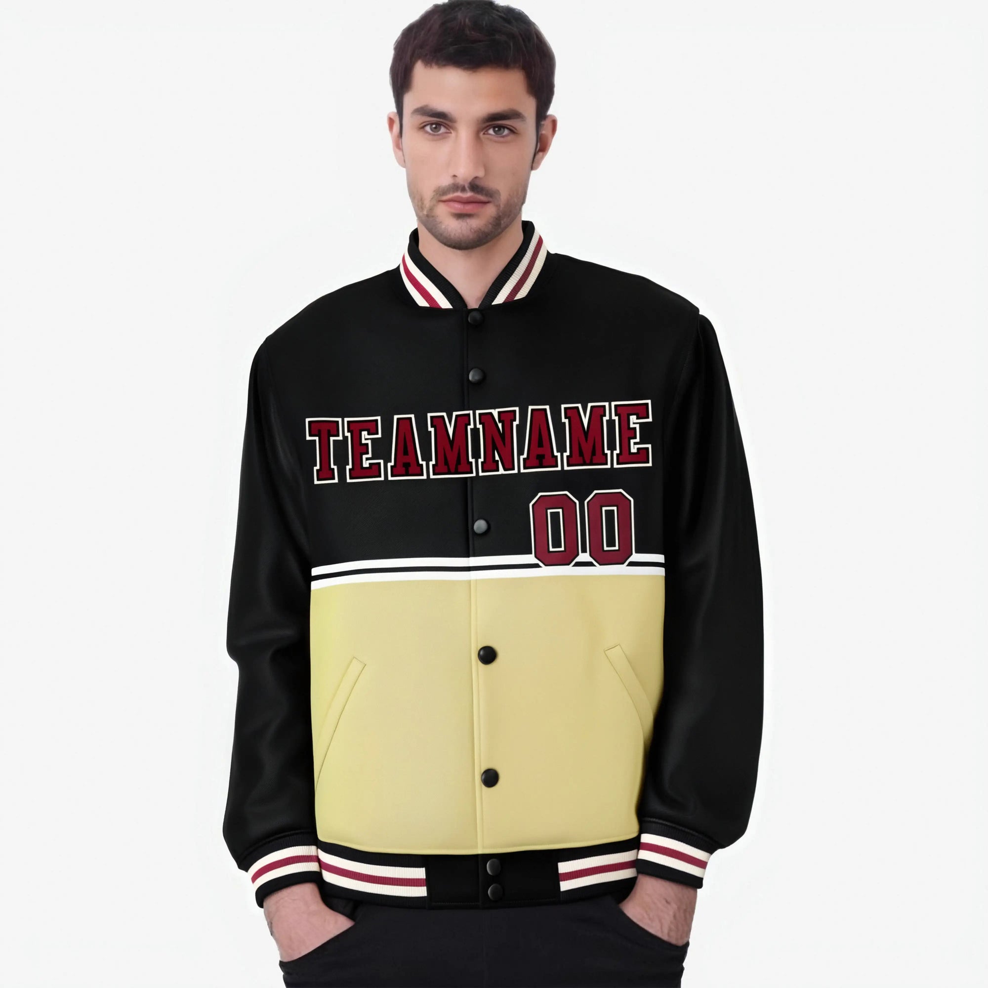 Custom Black-Cream-Black Varsity Full-Snap Letterman Color-Matching Split Fashion Jacket