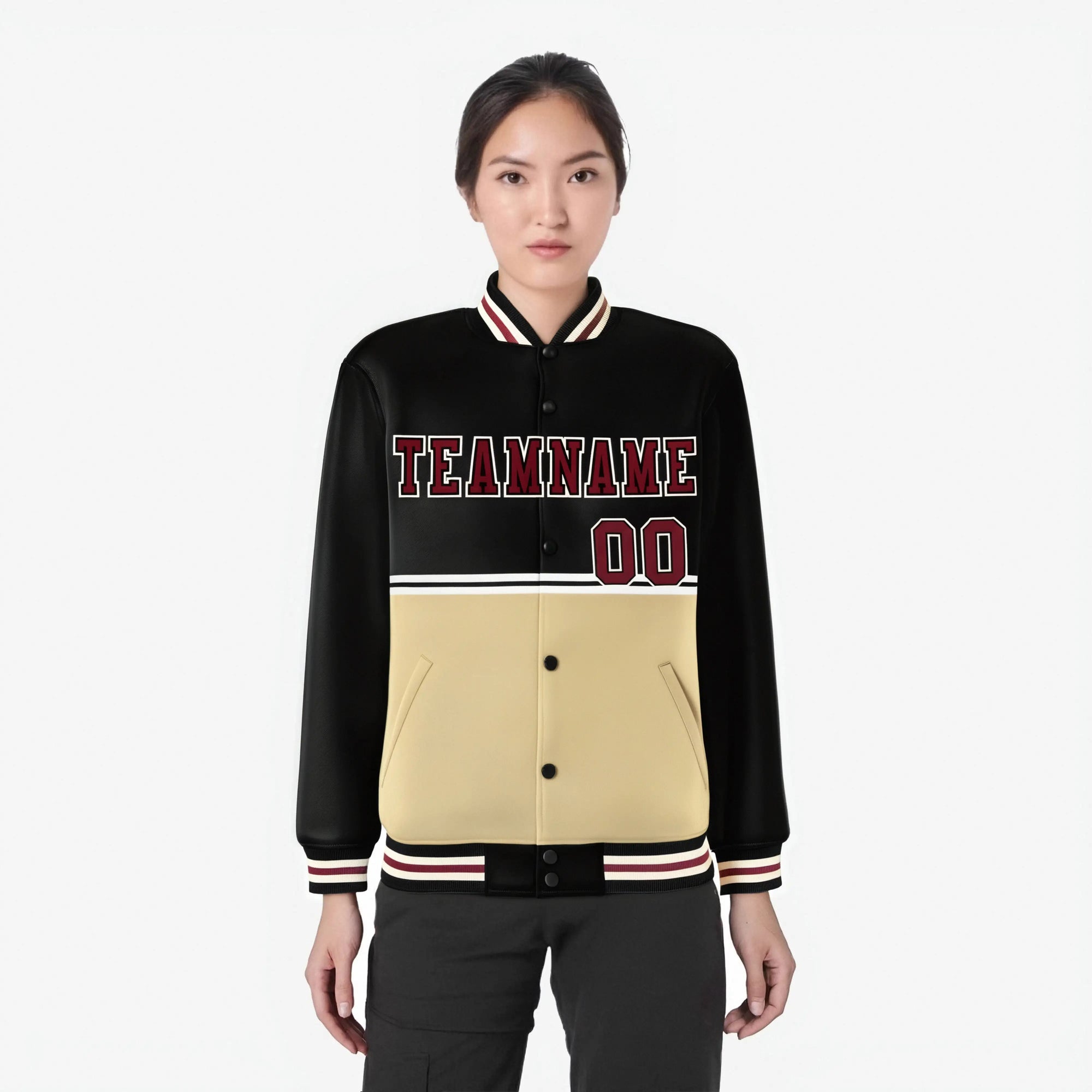 Custom Black-Cream-Black Varsity Full-Snap Letterman Color-Matching Split Fashion Jacket