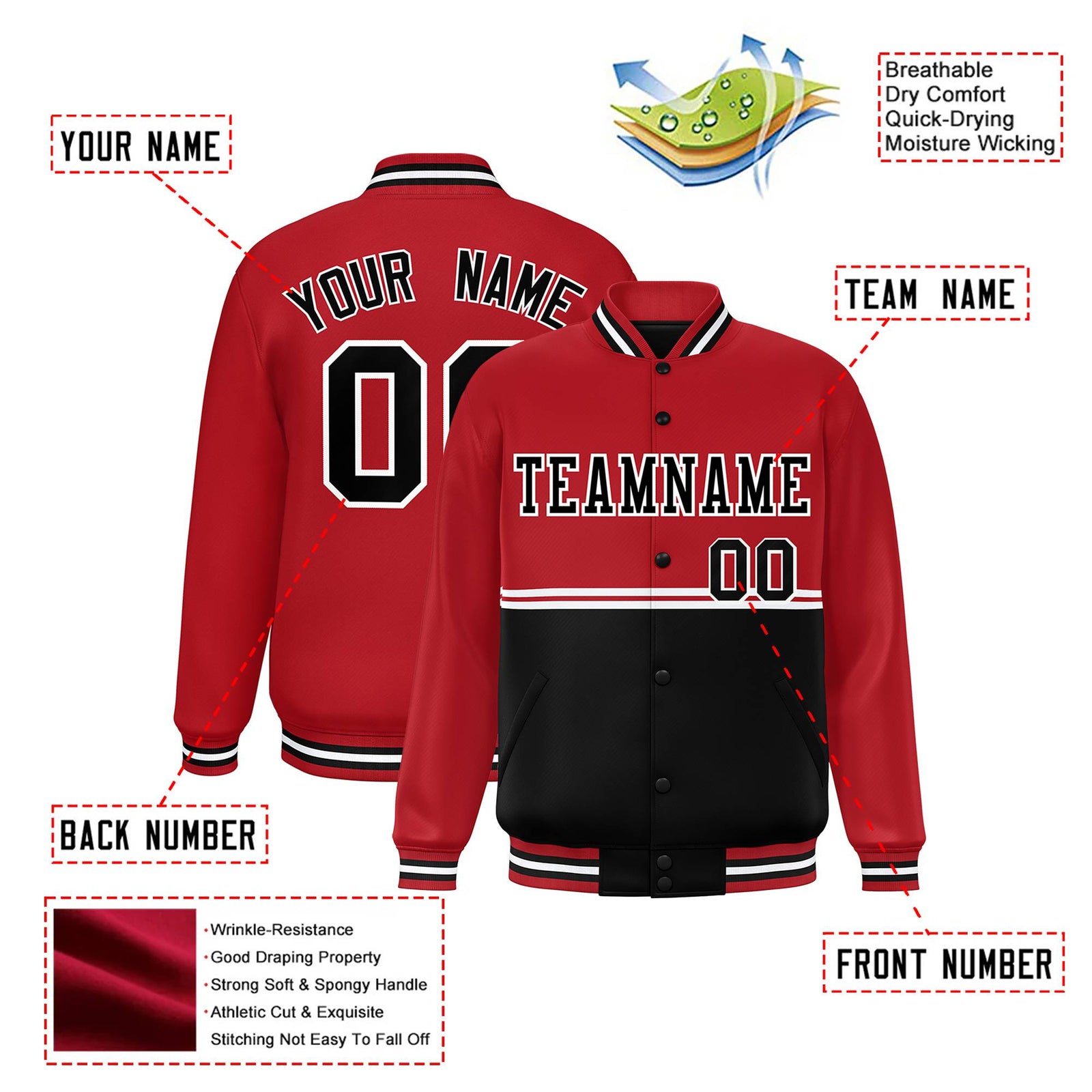 Custom Red-Black-Red Varsity Full-Snap Letterman Color-Matching Split Fashion Jacket