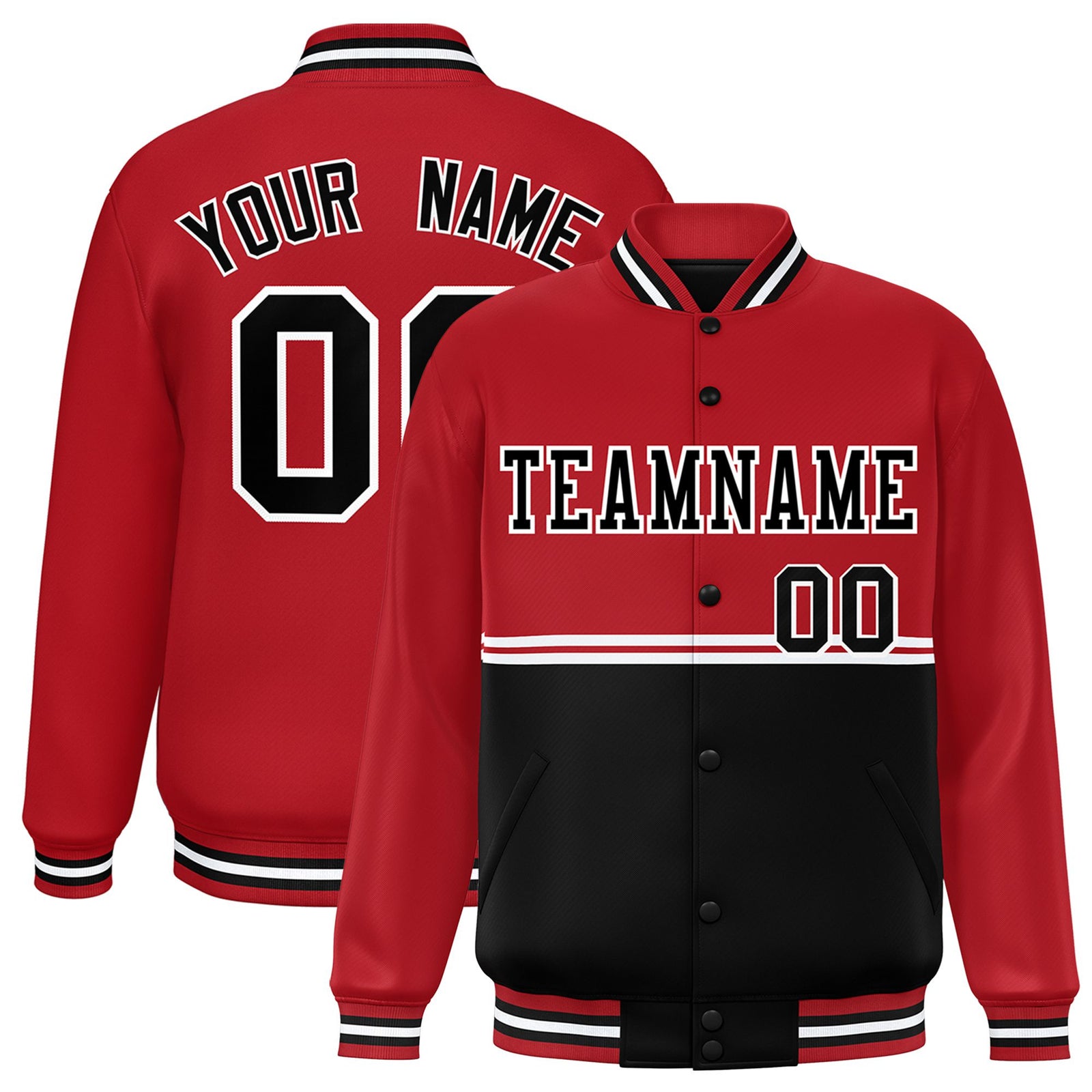 Custom Red-Black-Red Varsity Full-Snap Letterman Color-Matching Split Fashion Jacket
