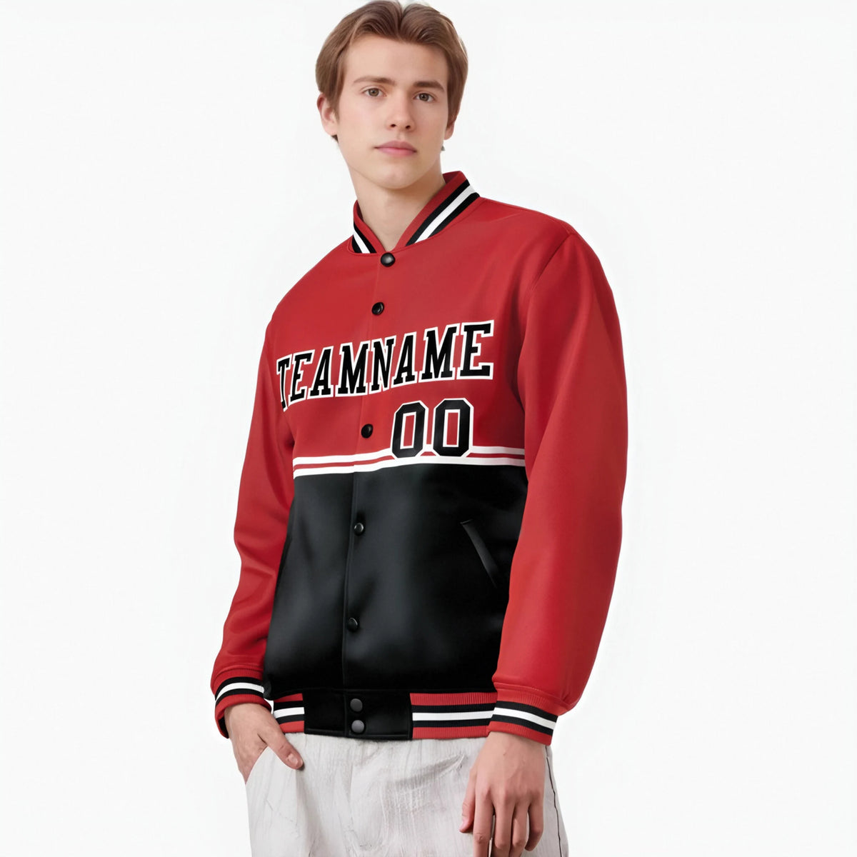 Custom Red-Black-Red Varsity Full-Snap Letterman Color-Matching Split Fashion Jacket