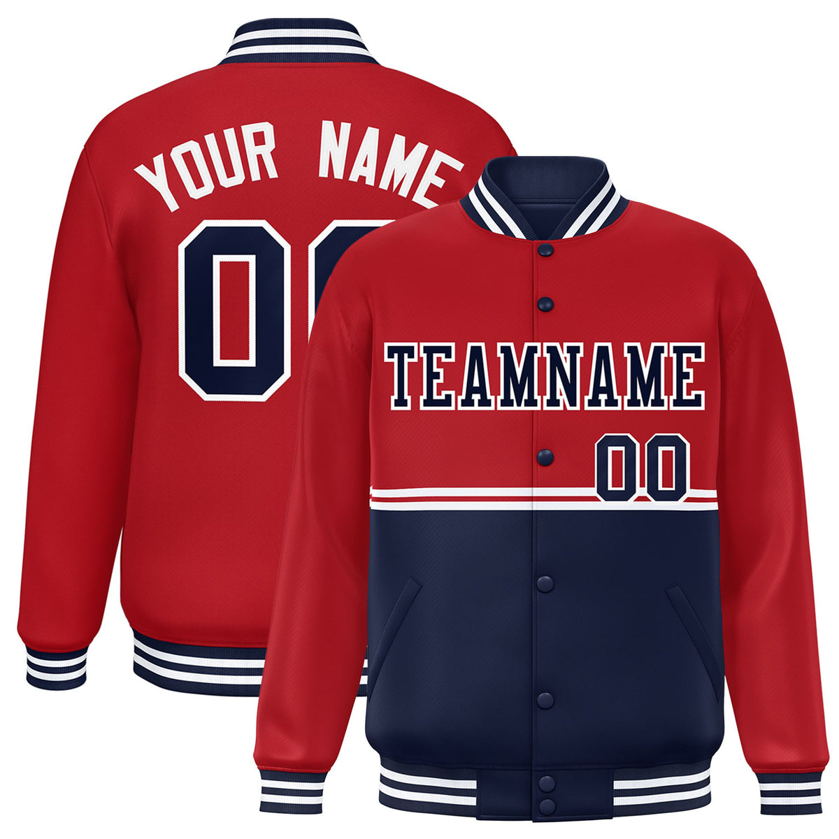 Custom Red-Navy-Red Varsity Full-Snap Letterman Color-Matching Split Fashion Jacket