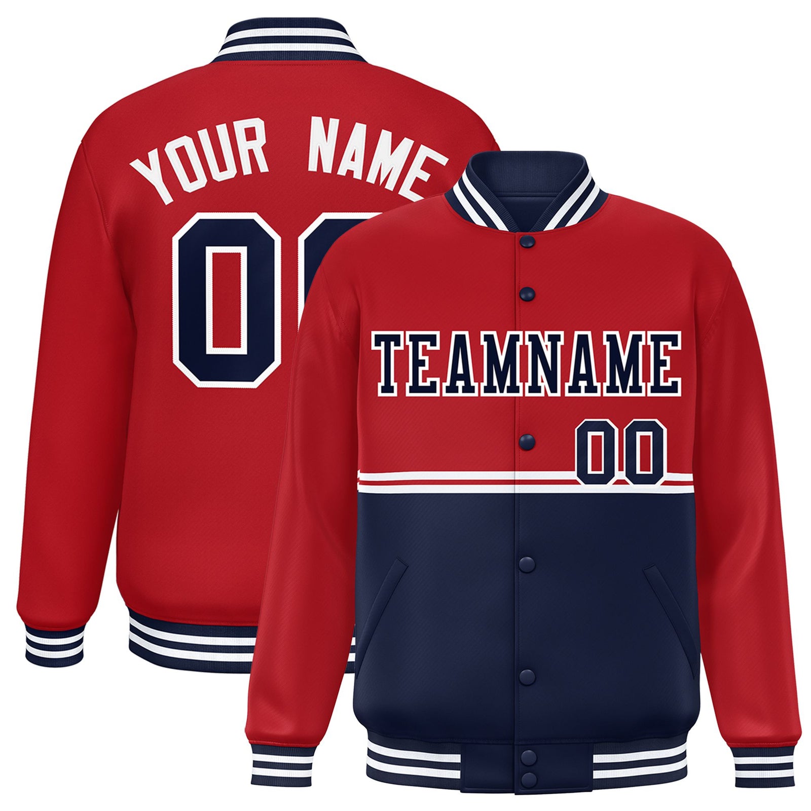 Custom Red-Navy-Red Varsity Full-Snap Letterman Color-Matching Split Fashion Jacket