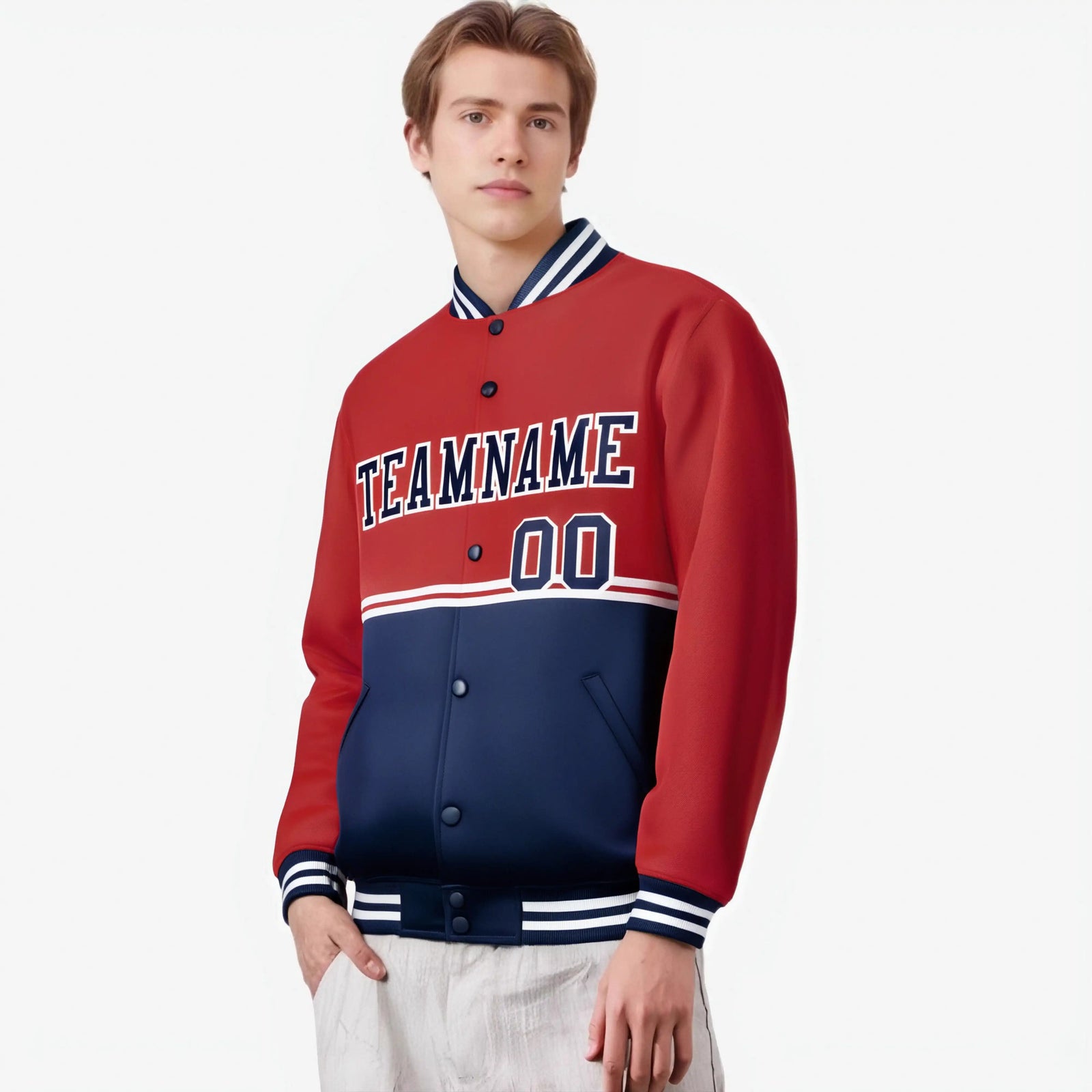 Custom Red-Navy-Red Varsity Full-Snap Letterman Color-Matching Split Fashion Jacket