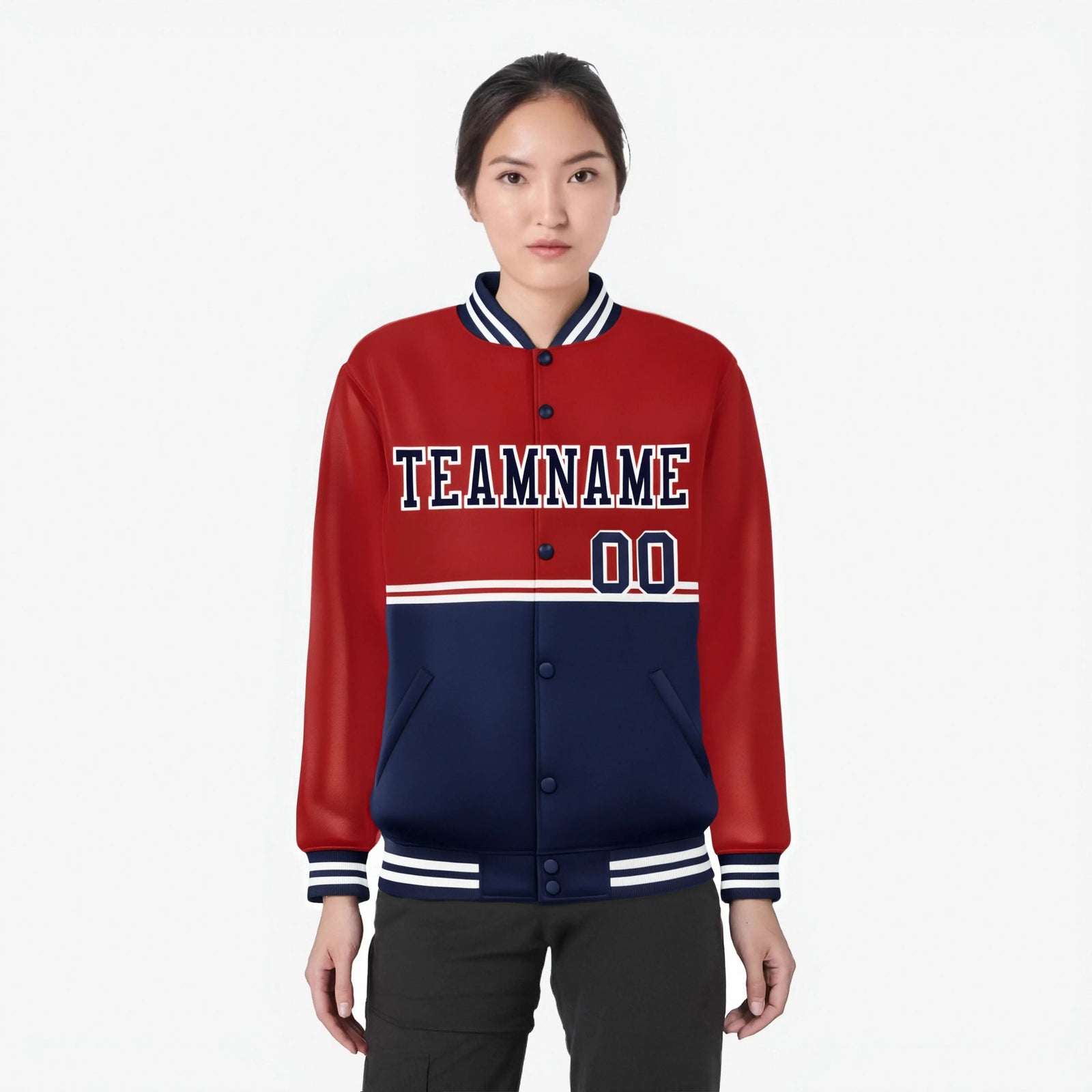 Custom Red-Navy-Red Varsity Full-Snap Letterman Color-Matching Split Fashion Jacket