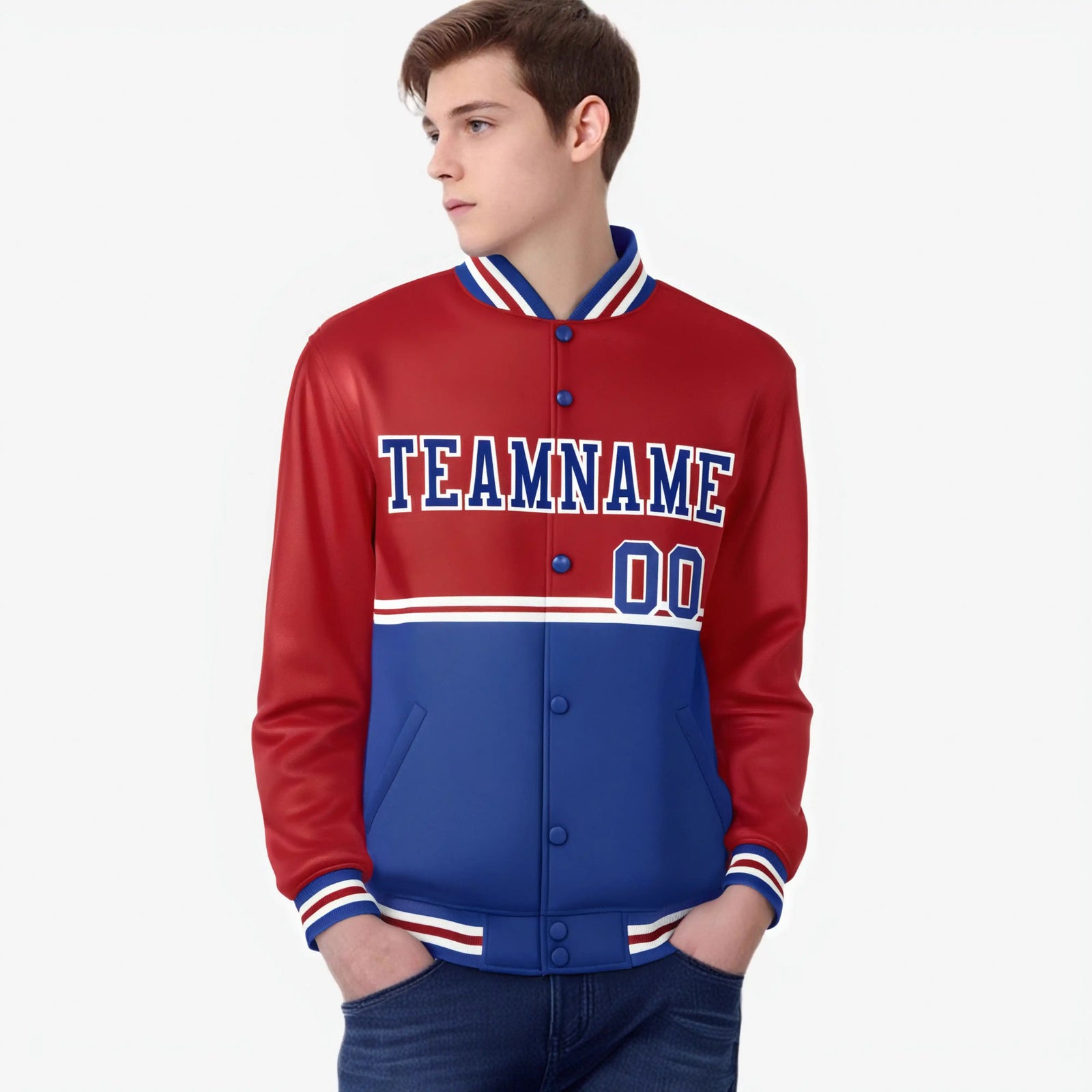 Custom Red-Royal Blue-Red Varsity Full-Snap Letterman Color-Matching Split Fashion Jacket