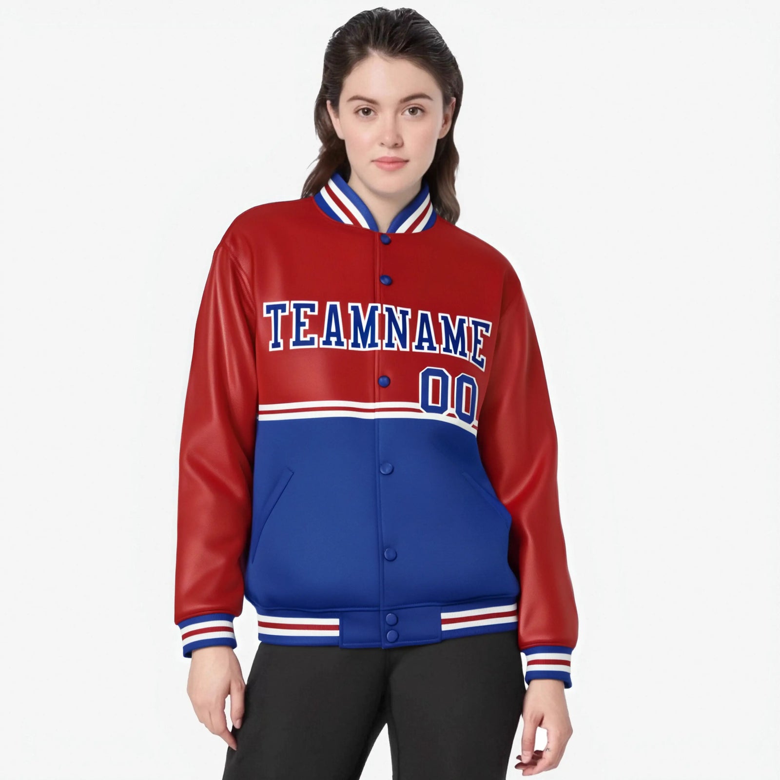 Custom Red-Royal Blue-Red Varsity Full-Snap Letterman Color-Matching Split Fashion Jacket