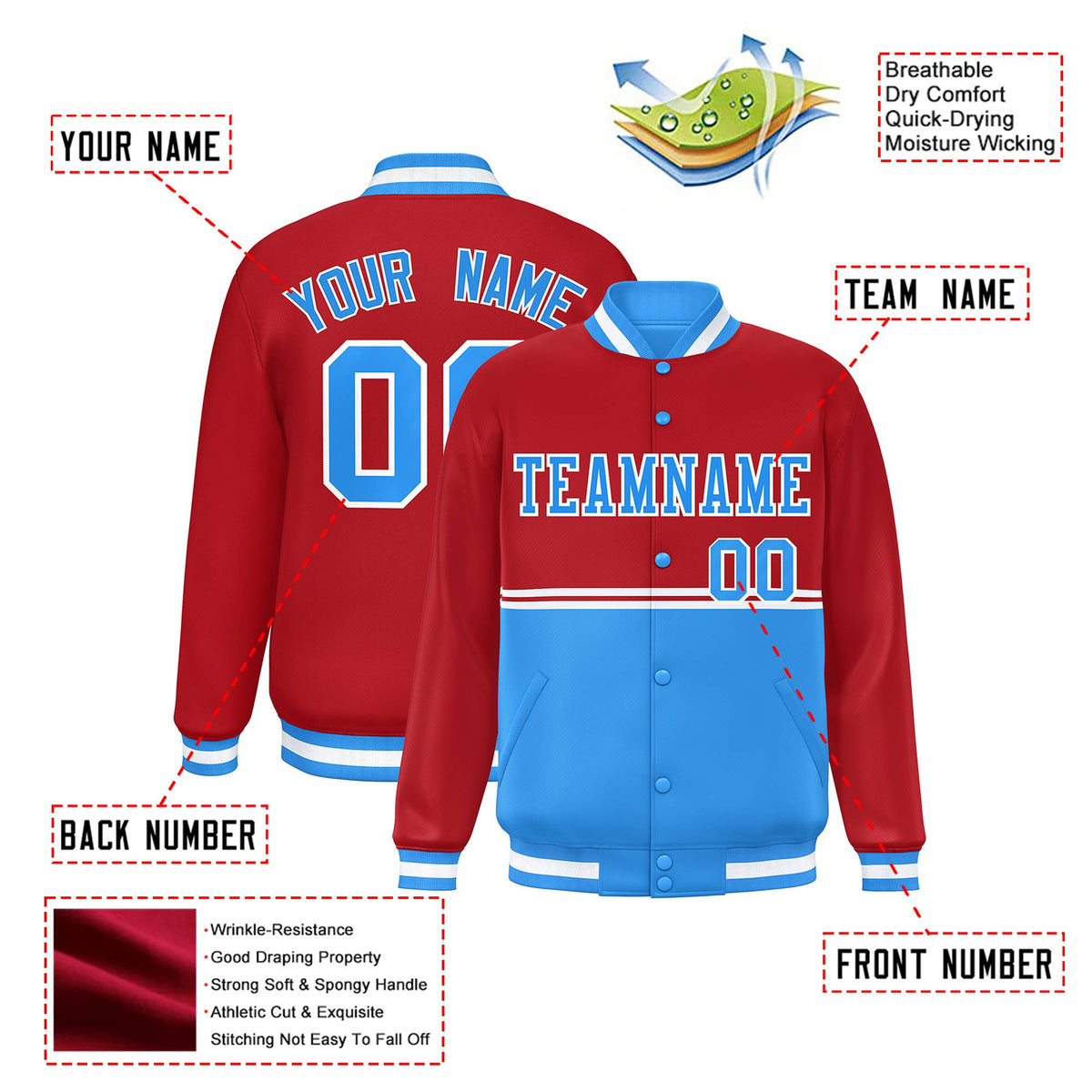 Custom Red-Powder Blue-Red Varsity Full-Snap Letterman Color-Matching Split Fashion Jacket