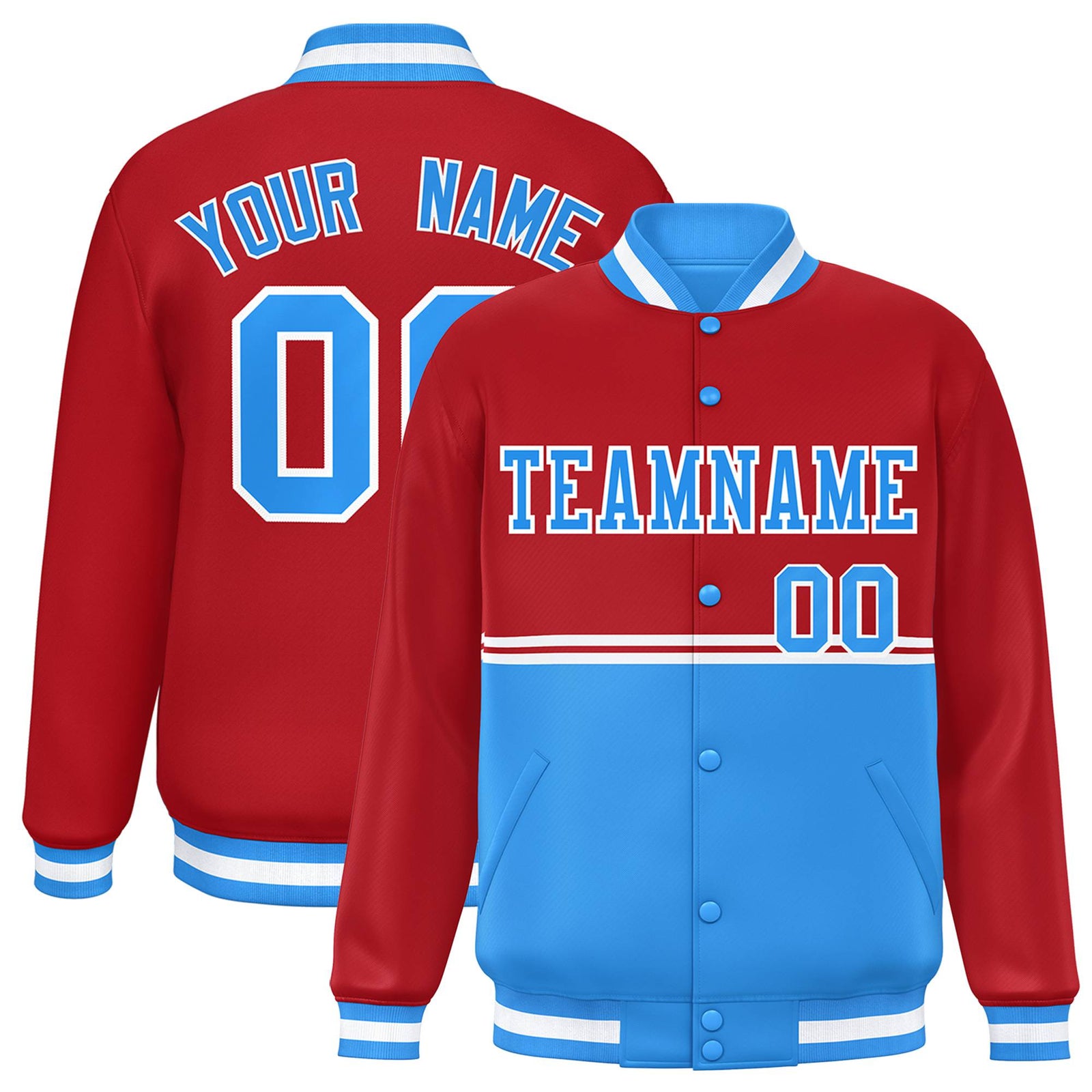 Custom Red-Powder Blue-Red Varsity Full-Snap Letterman Color-Matching Split Fashion Jacket