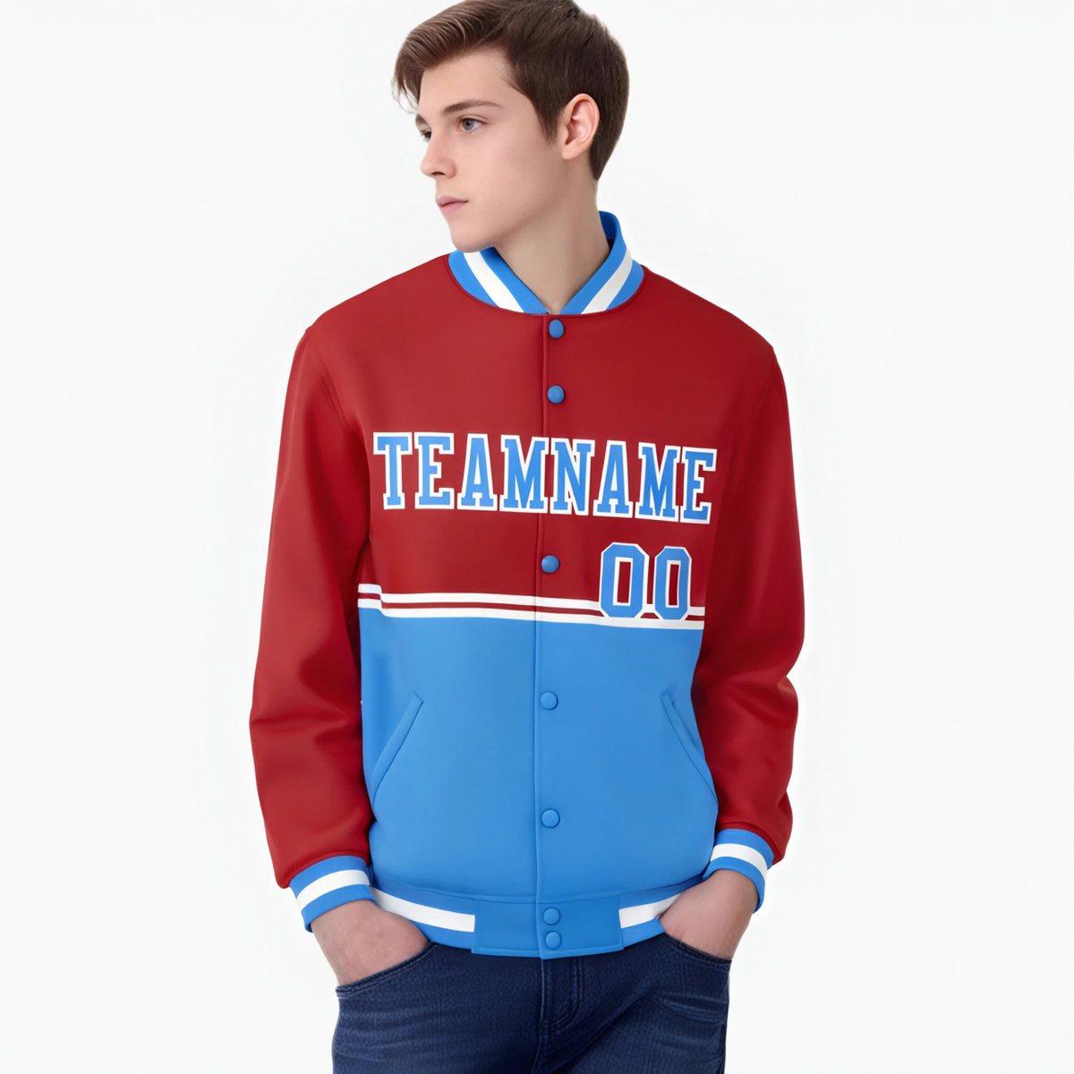 Custom Red-Powder Blue-Red Varsity Full-Snap Letterman Color-Matching Split Fashion Jacket
