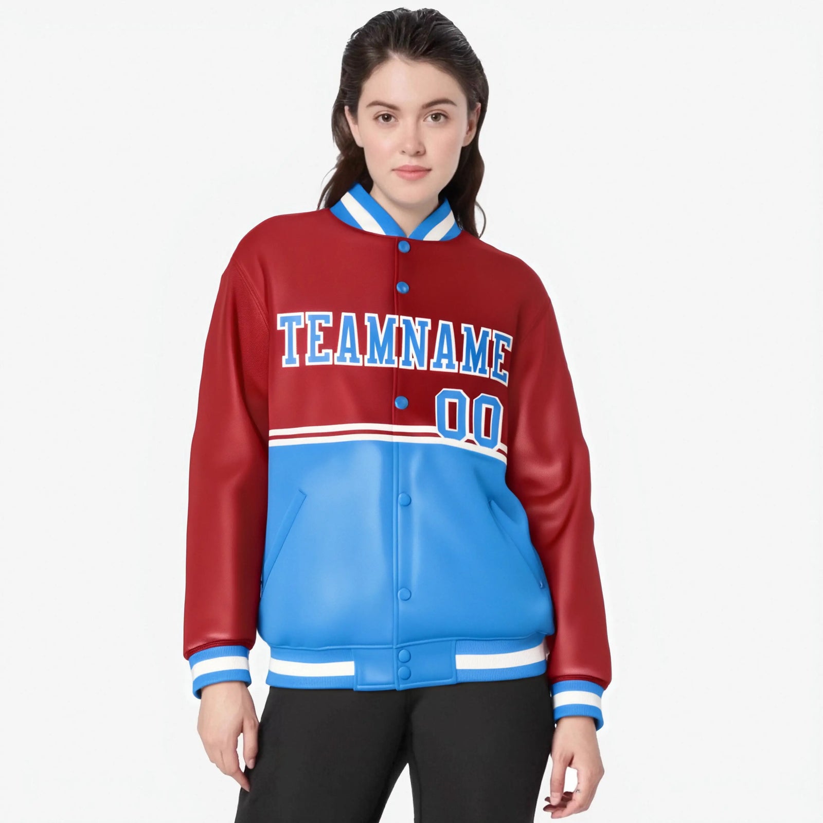 Custom Red-Powder Blue-Red Varsity Full-Snap Letterman Color-Matching Split Fashion Jacket
