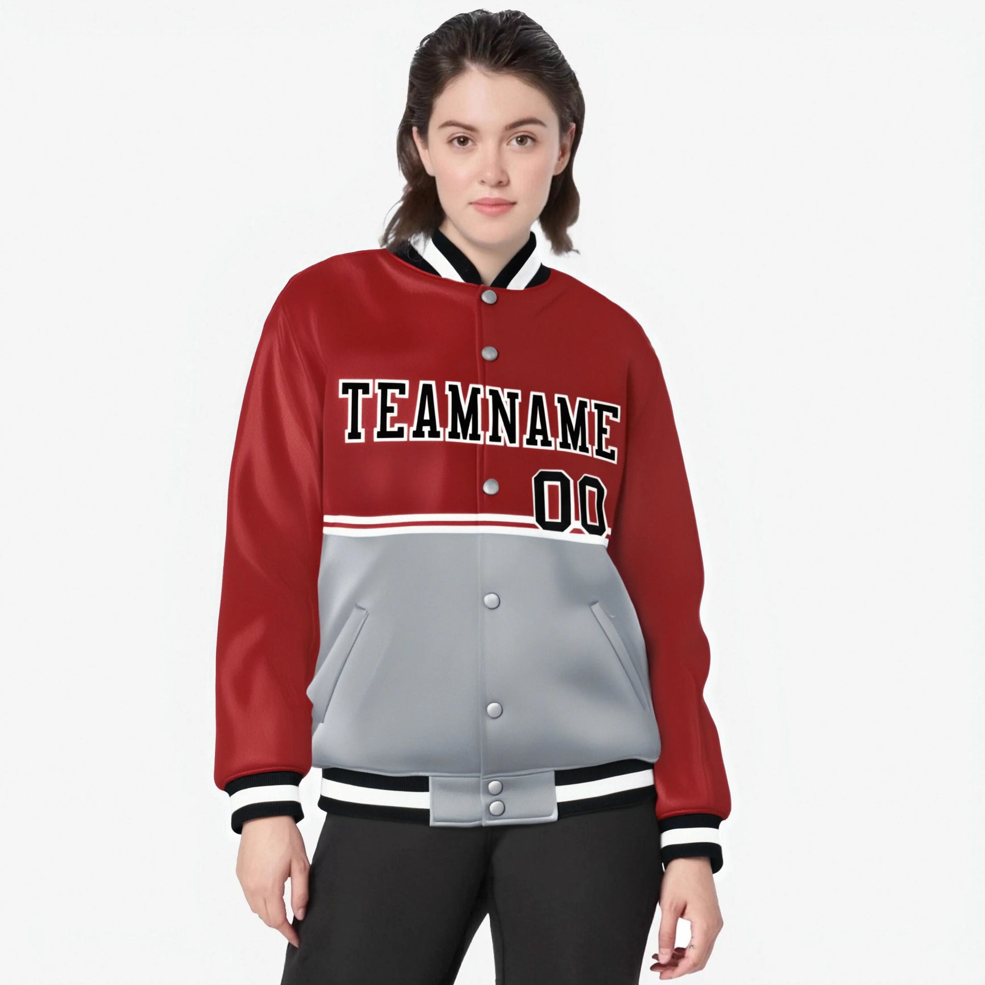 Custom Red-Gray-Red Varsity Full-Snap Letterman Color-Matching Split Fashion Jacket