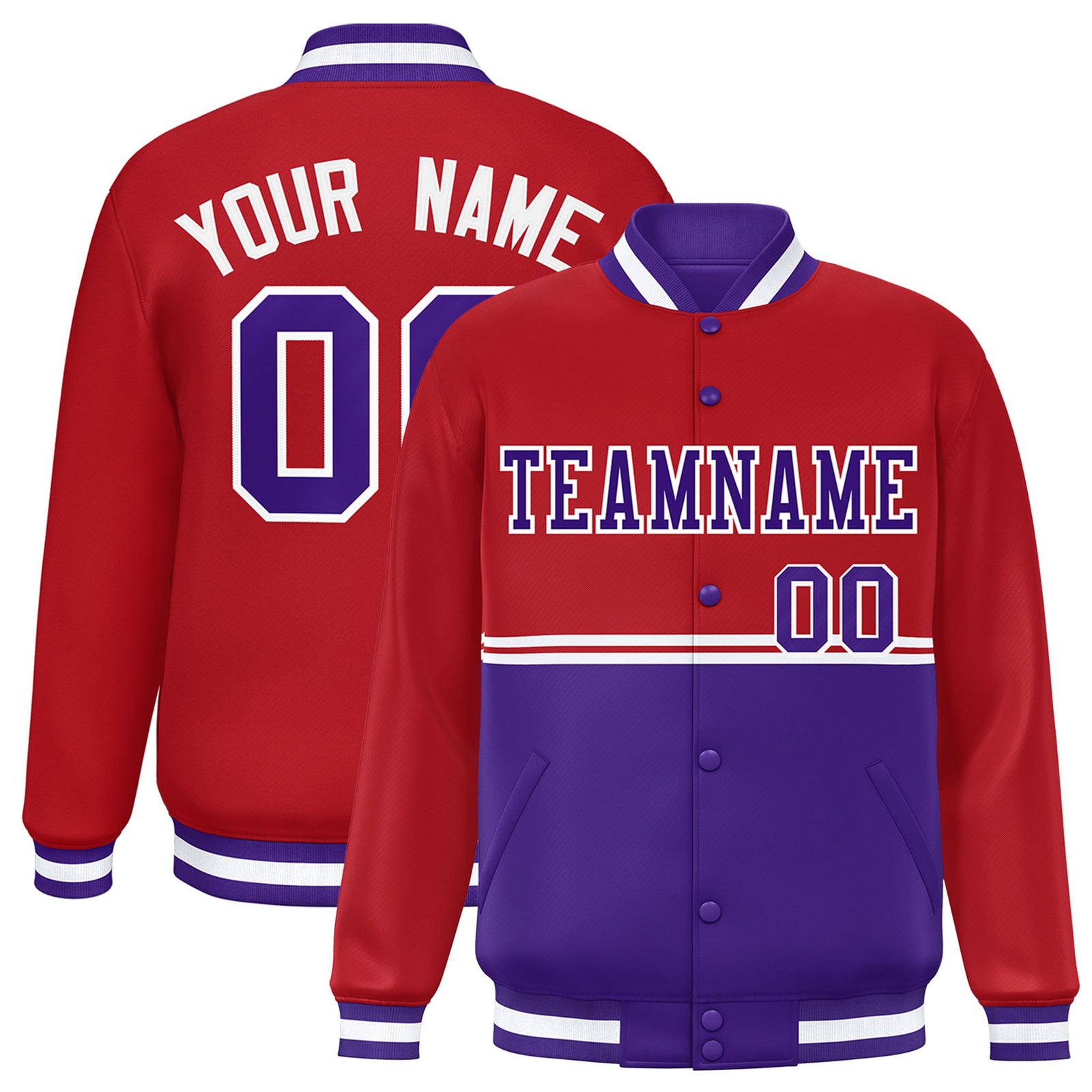 Custom Red-Purple-Red Varsity Full-Snap Letterman Color-Matching Split Fashion Jacket