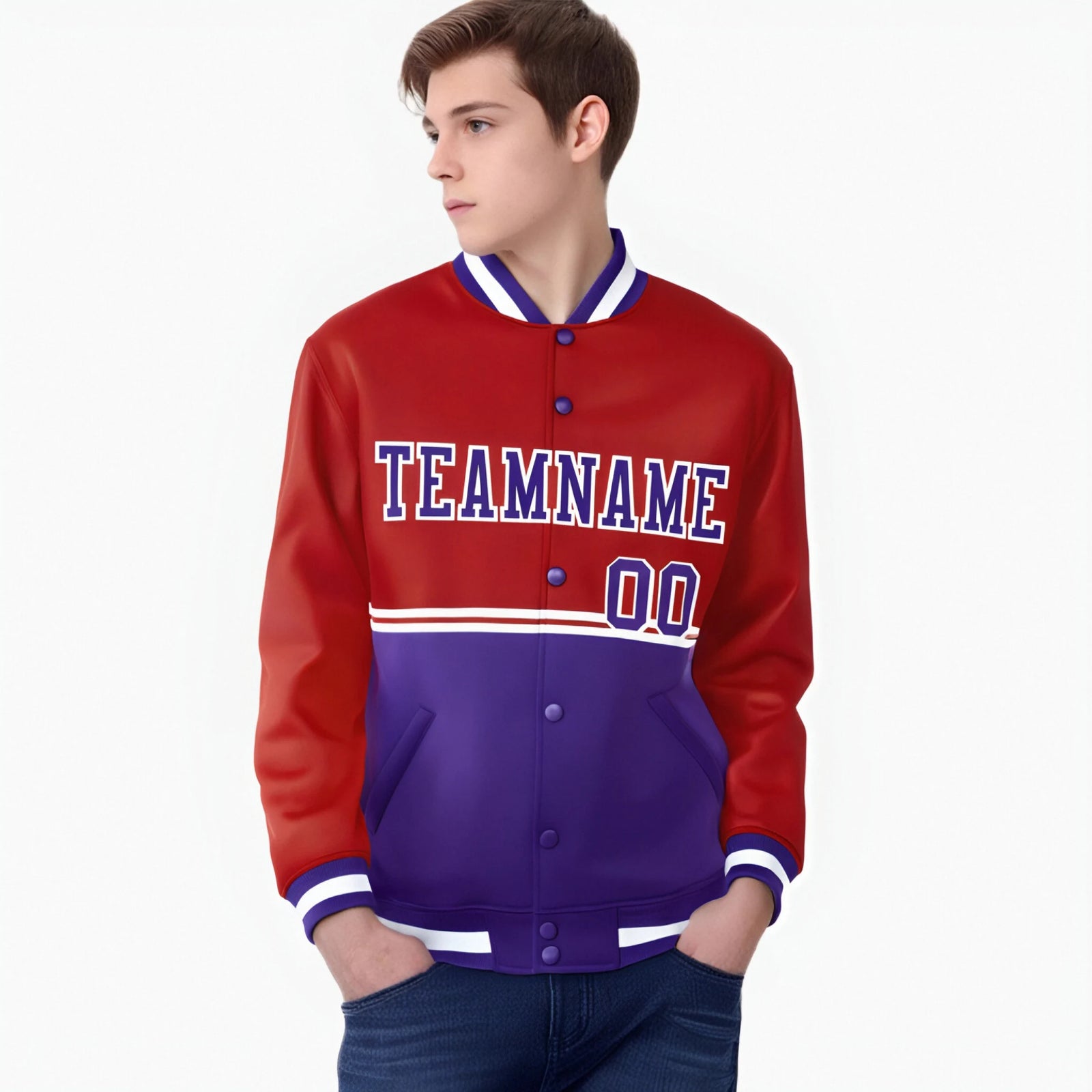 Custom Red-Purple-Red Varsity Full-Snap Letterman Color-Matching Split Fashion Jacket