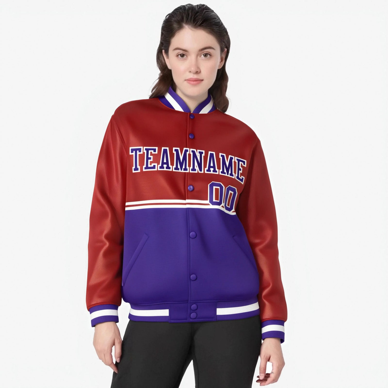 Custom Red-Purple-Red Varsity Full-Snap Letterman Color-Matching Split Fashion Jacket