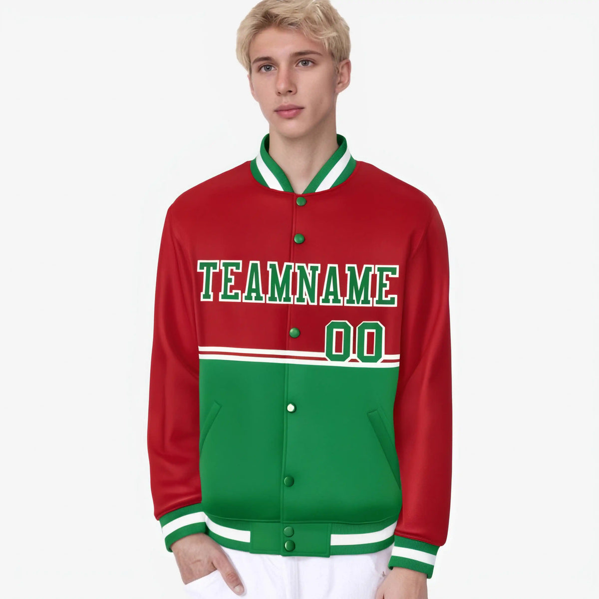 Custom Red-Kelly Green-Red Varsity Full-Snap Letterman Color-Matching Split Fashion Jacket