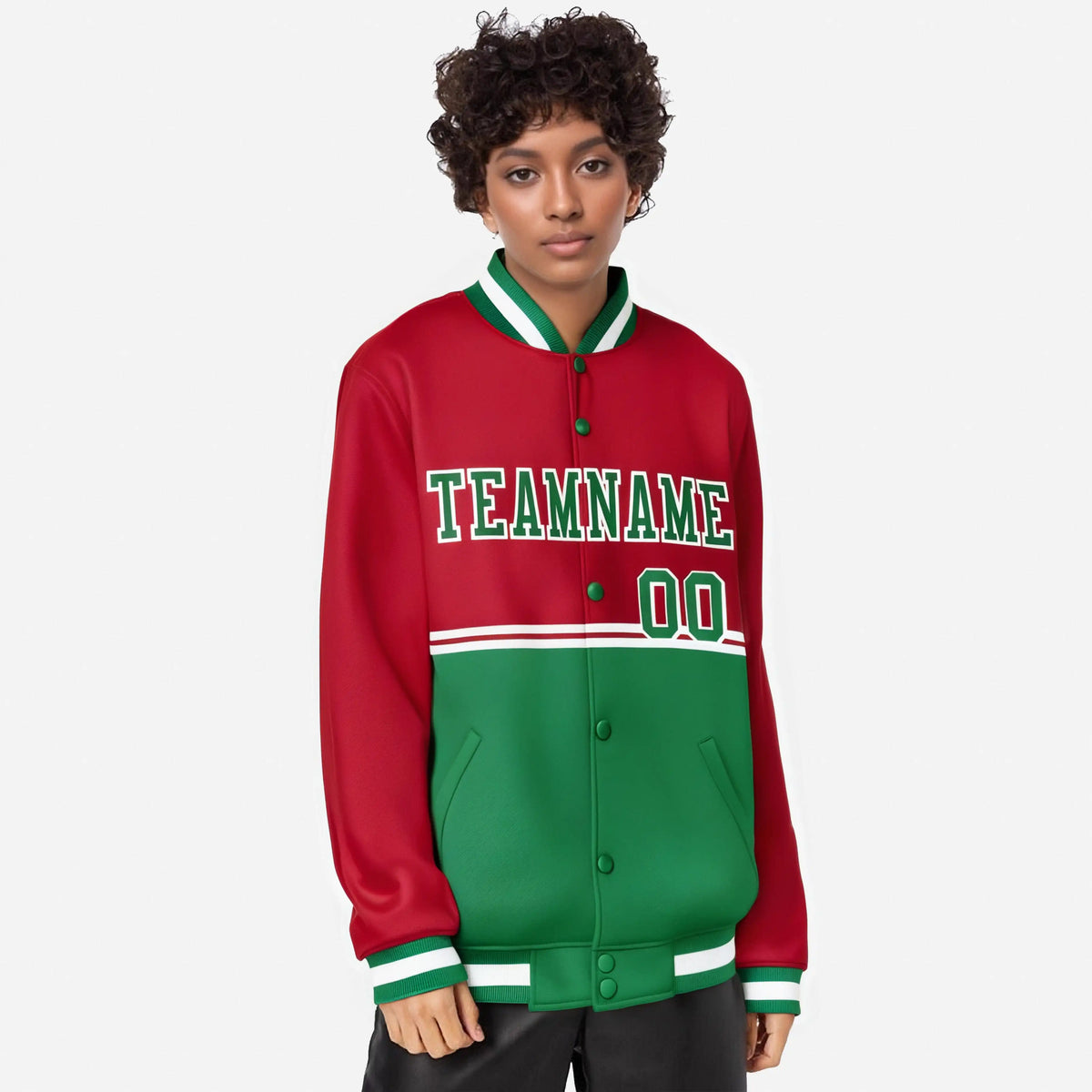 Custom Red-Kelly Green-Red Varsity Full-Snap Letterman Color-Matching Split Fashion Jacket