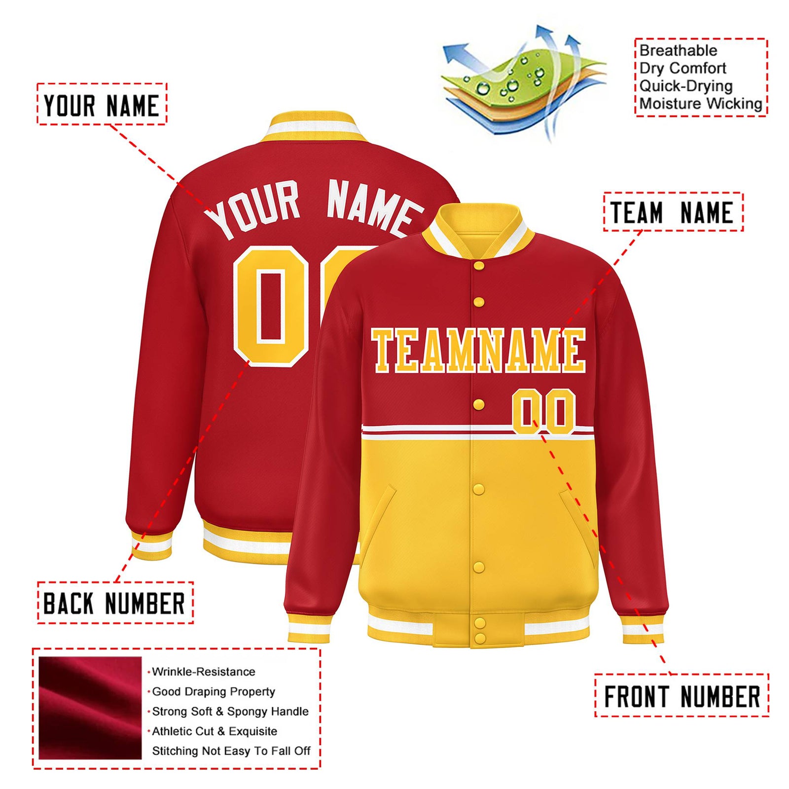 Custom Red-Gold-Red Varsity Full-Snap Letterman Color-Matching Split Fashion Jacket