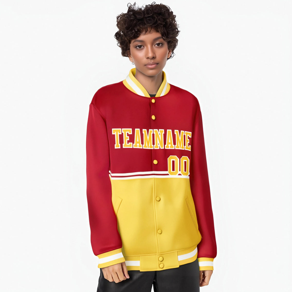 Custom Red-Gold-Red Varsity Full-Snap Letterman Color-Matching Split Fashion Jacket