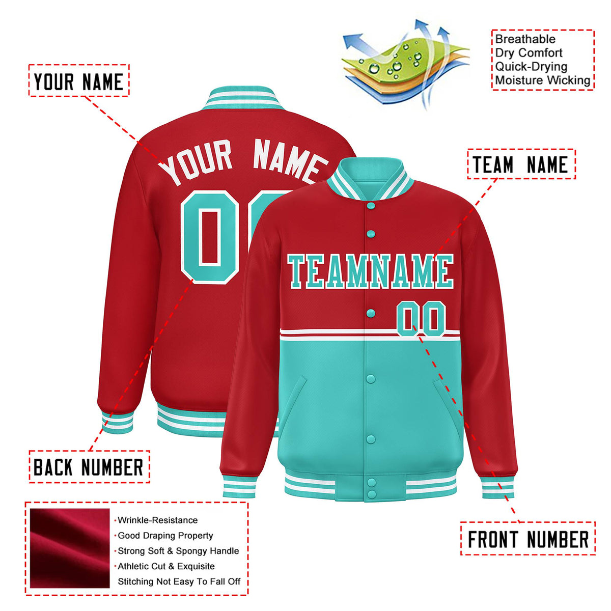 Custom Red-Aqua-Red Varsity Full-Snap Letterman Color-Matching Split Fashion Jacket