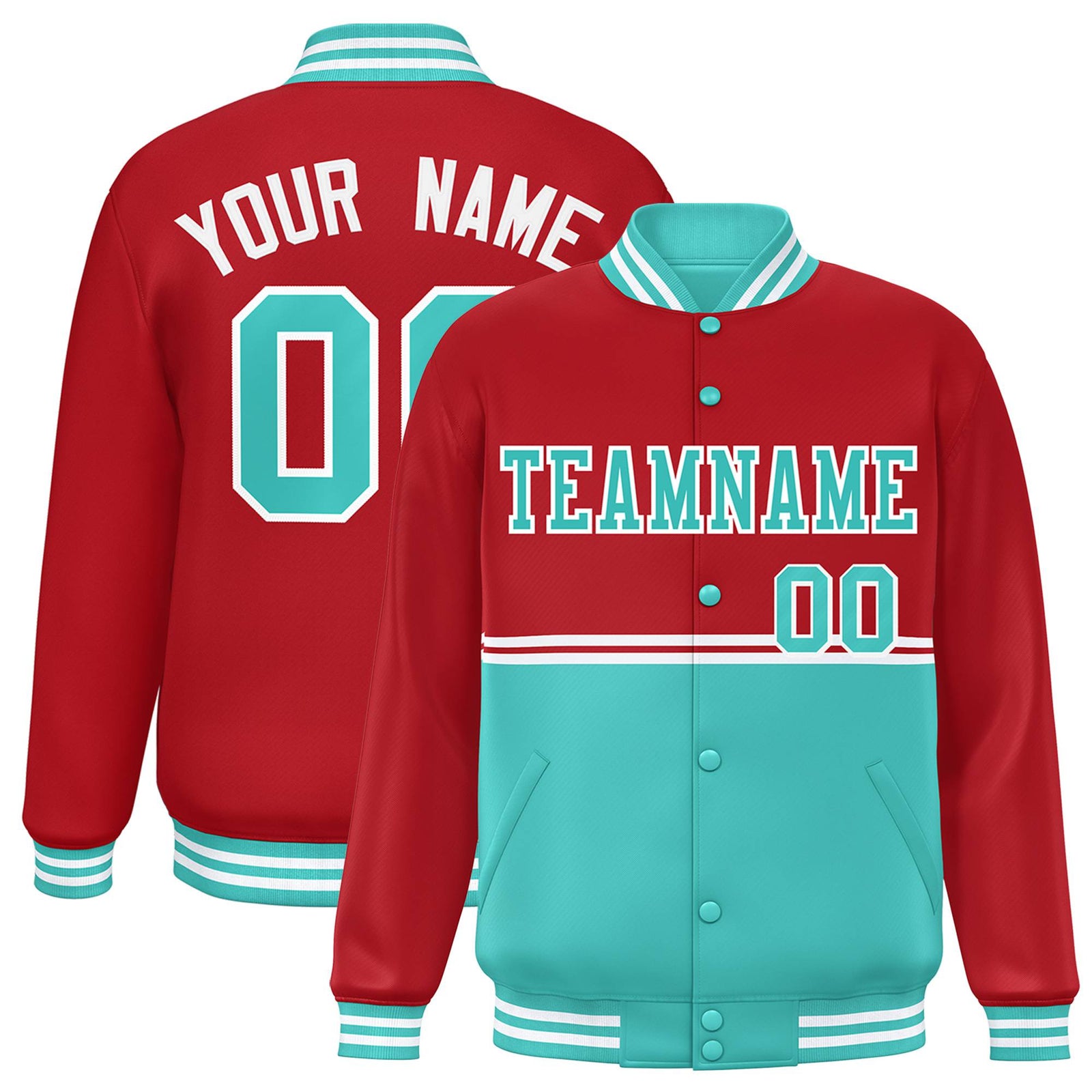 Custom Red-Aqua-Red Varsity Full-Snap Letterman Color-Matching Split Fashion Jacket