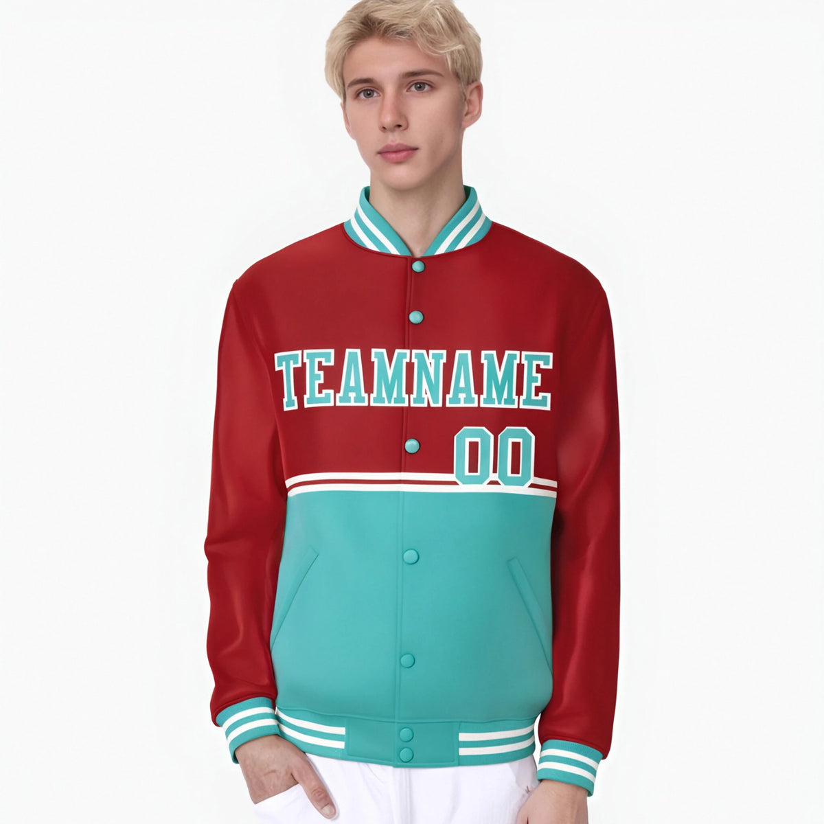 Custom Red-Aqua-Red Varsity Full-Snap Letterman Color-Matching Split Fashion Jacket
