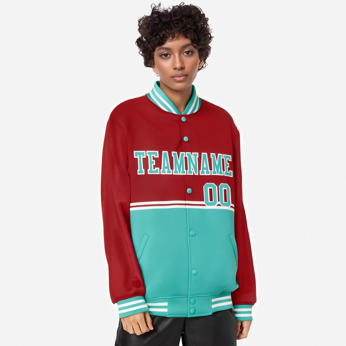 Custom Red-Aqua-Red Varsity Full-Snap Letterman Color-Matching Split Fashion Jacket
