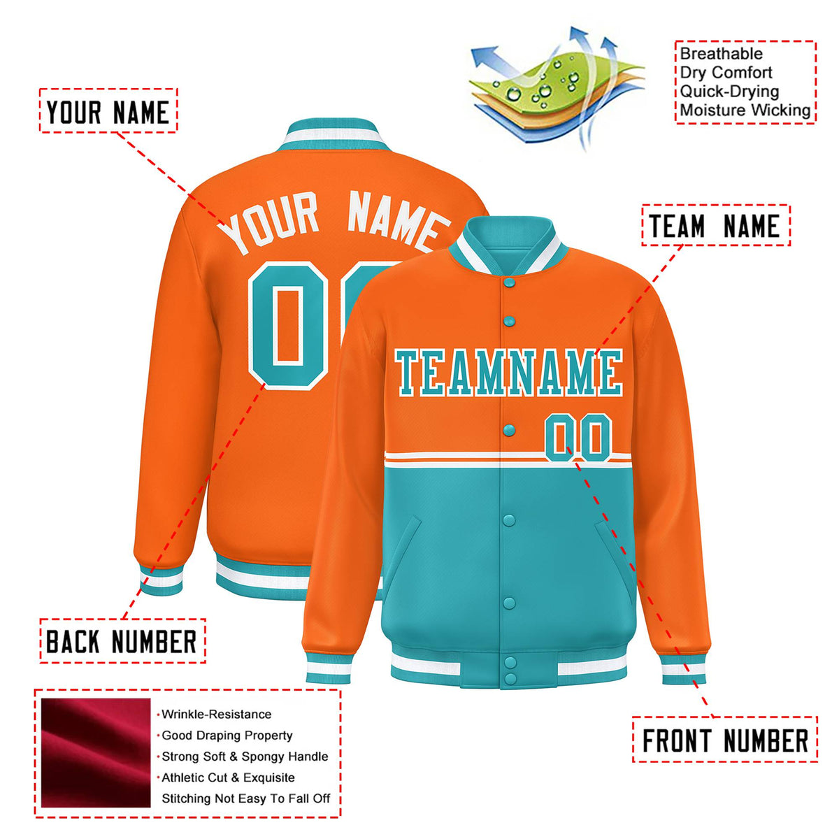 Custom Orange-Aqua-Orange Varsity Full-Snap Letterman Color-Matching Split Fashion Jacket