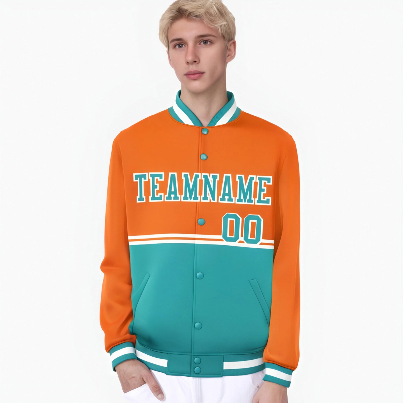 Custom Orange-Aqua-Orange Varsity Full-Snap Letterman Color-Matching Split Fashion Jacket