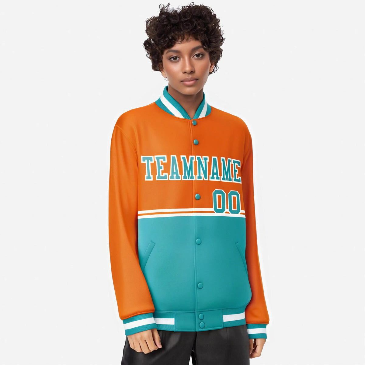 Custom Orange-Aqua-Orange Varsity Full-Snap Letterman Color-Matching Split Fashion Jacket