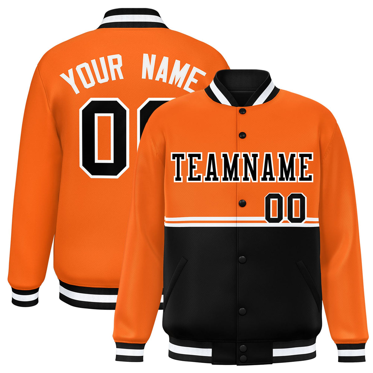 Custom Orange-Black-Orange Varsity Full-Snap Letterman Color-Matching Split Fashion Jacket