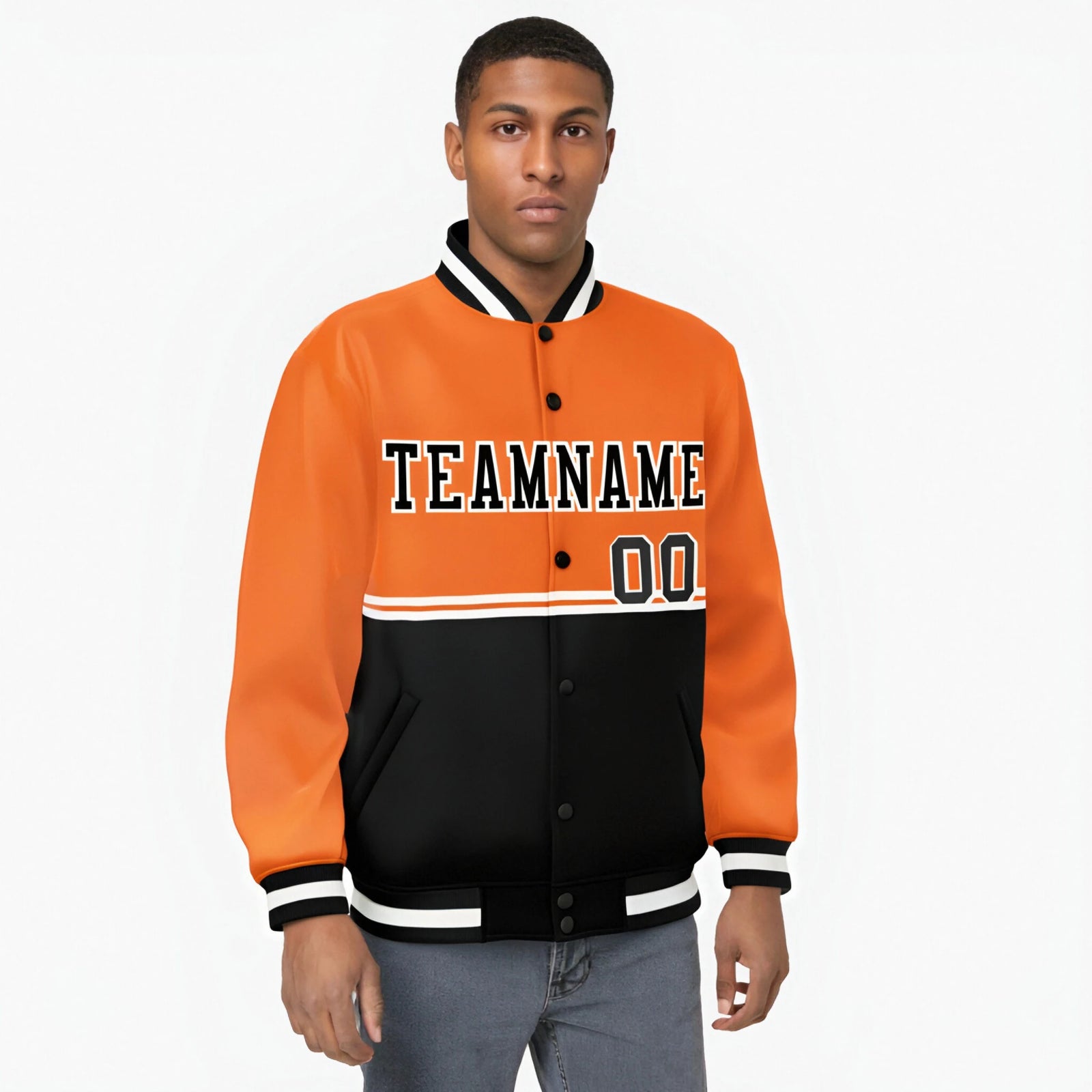 Custom Orange-Black-Orange Varsity Full-Snap Letterman Color-Matching Split Fashion Jacket
