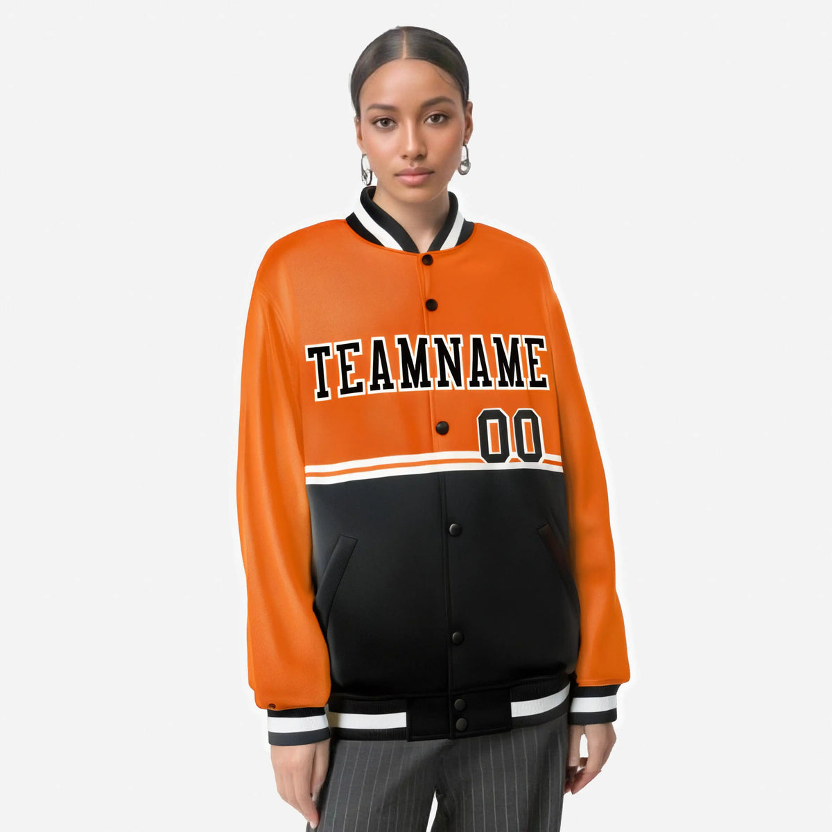 Custom Orange-Black-Orange Varsity Full-Snap Letterman Color-Matching Split Fashion Jacket
