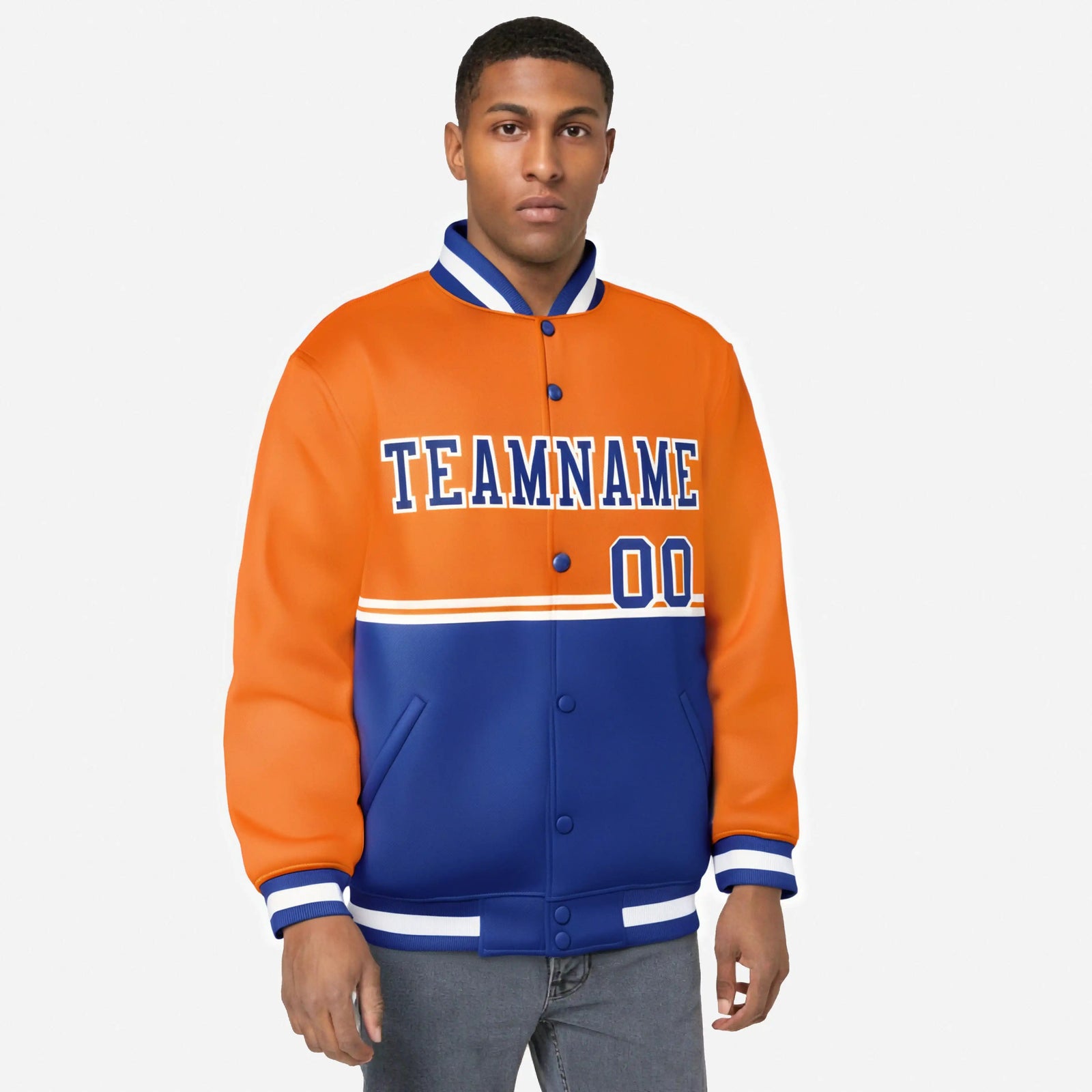 Custom Orange-Royal Blue-Orange Varsity Full-Snap Letterman Color-Matching Split Fashion Jacket