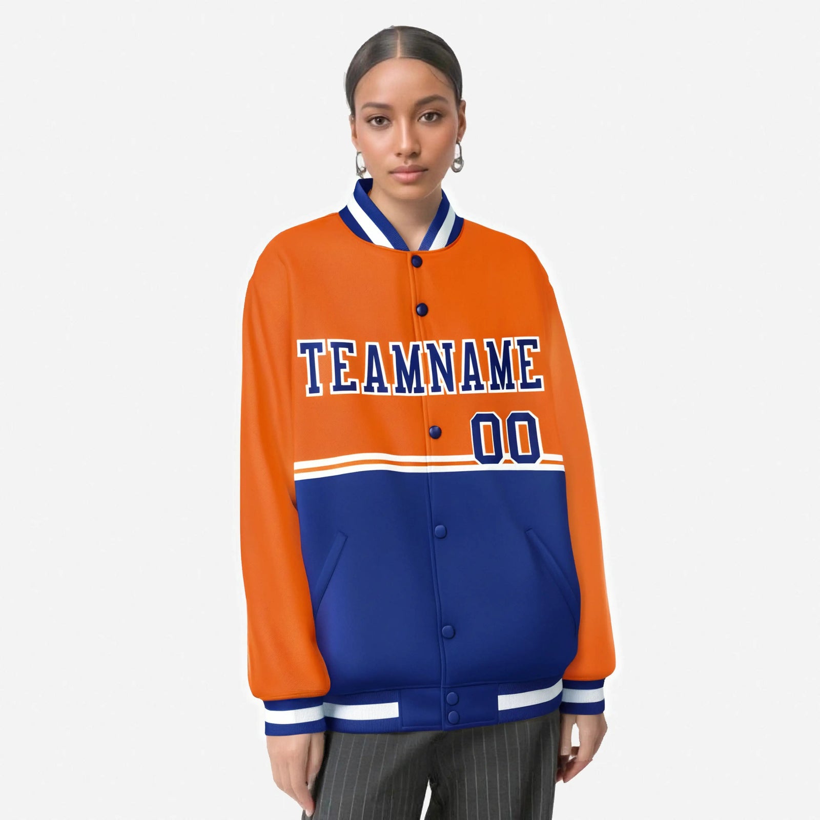 Custom Orange-Royal Blue-Orange Varsity Full-Snap Letterman Color-Matching Split Fashion Jacket