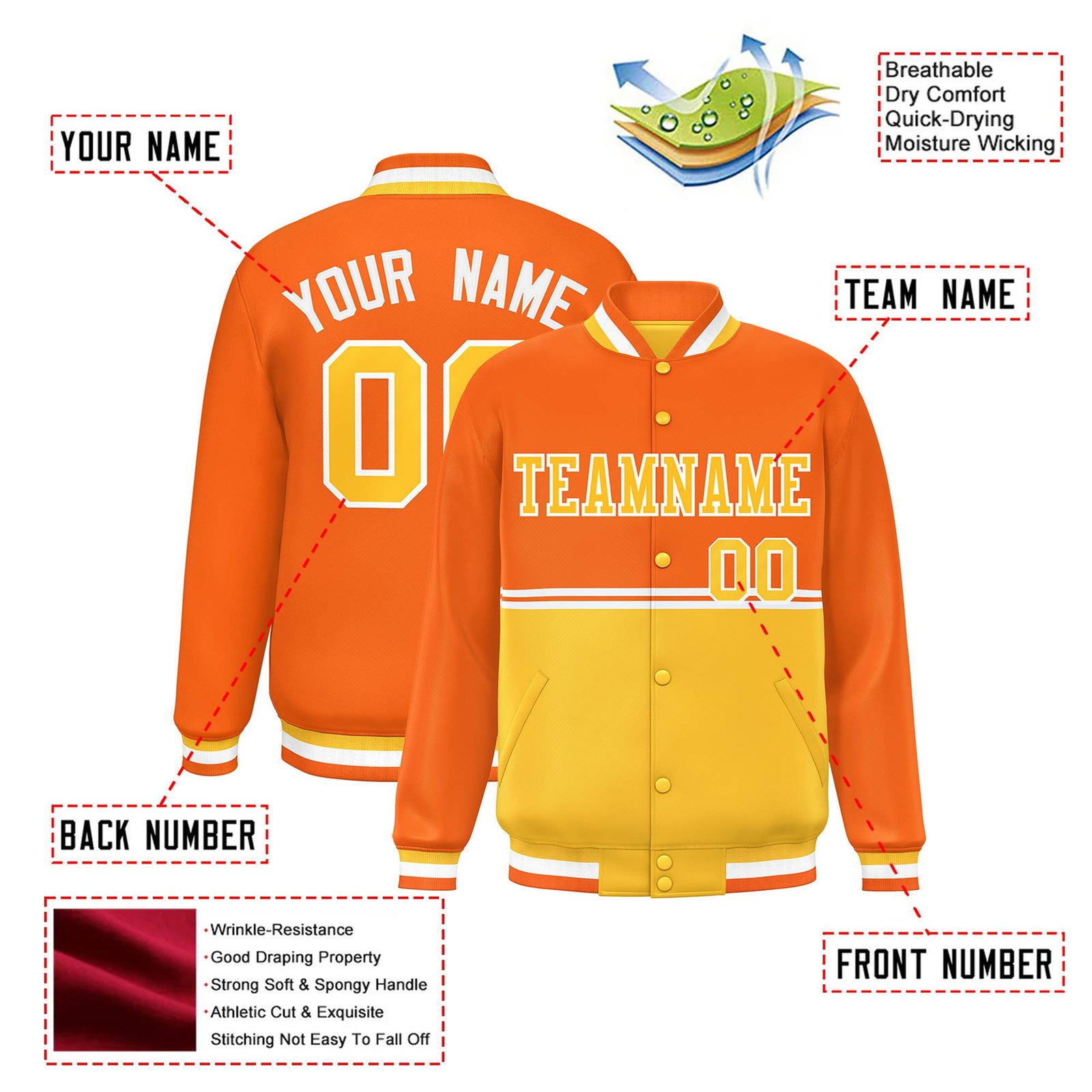 Custom Orange-Gold-Orange Varsity Full-Snap Letterman Color-Matching Split Fashion Jacket