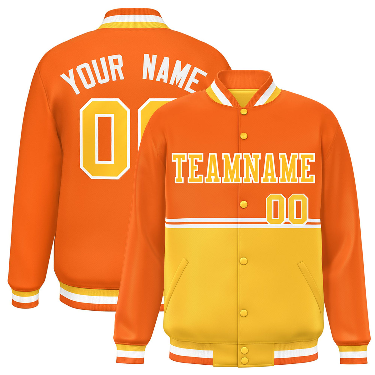 Custom Orange-Gold-Orange Varsity Full-Snap Letterman Color-Matching Split Fashion Jacket