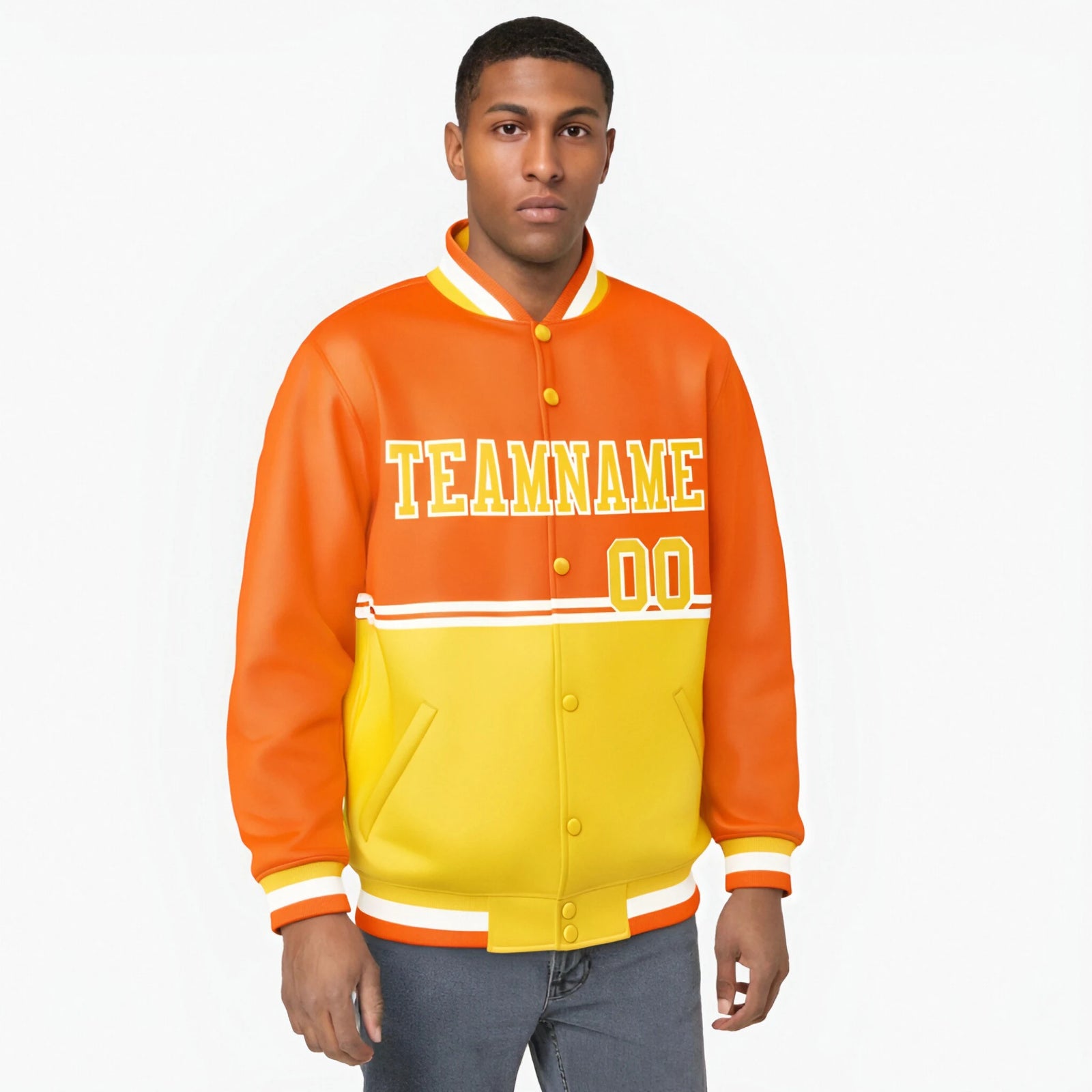 Custom Orange-Gold-Orange Varsity Full-Snap Letterman Color-Matching Split Fashion Jacket