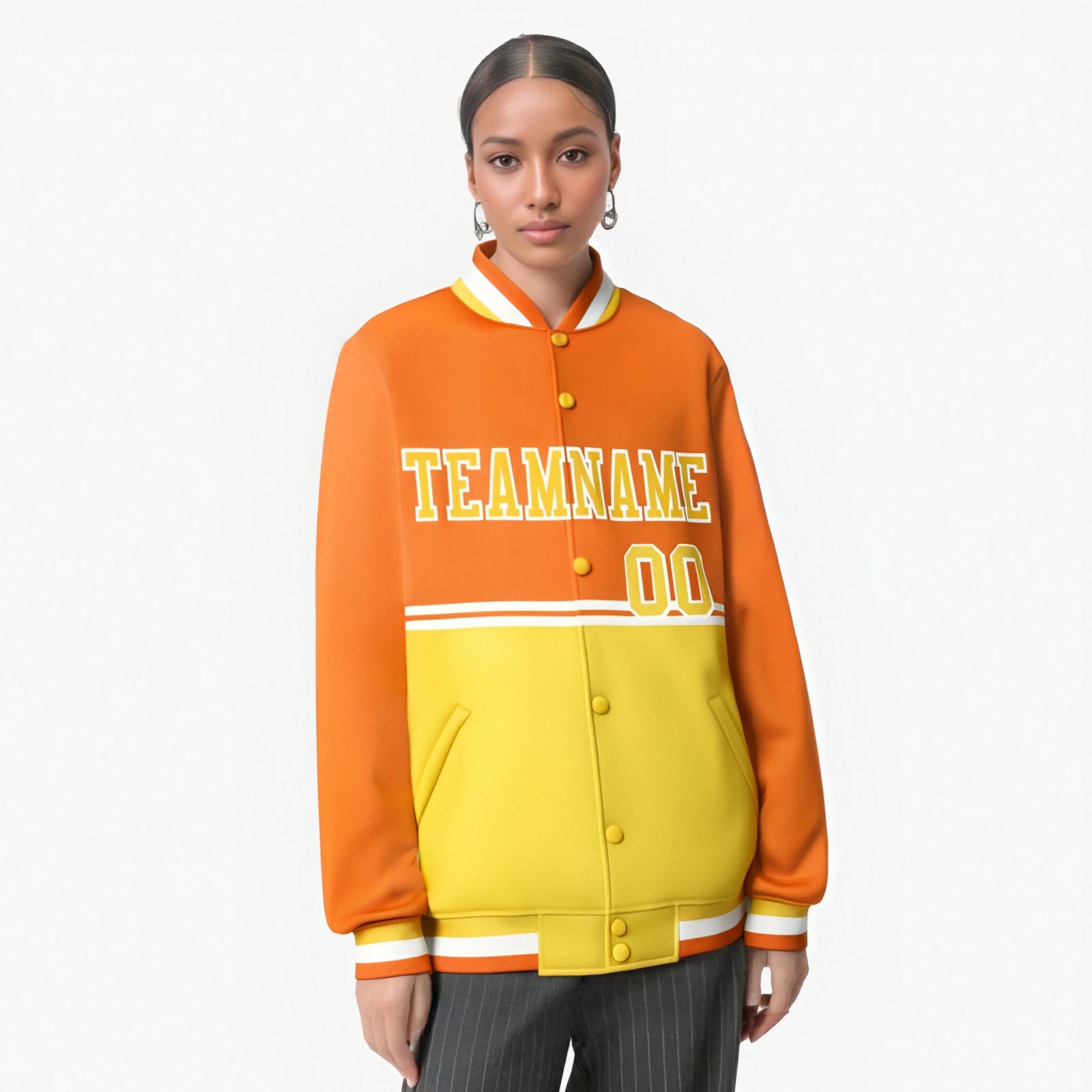 Custom Orange-Gold-Orange Varsity Full-Snap Letterman Color-Matching Split Fashion Jacket