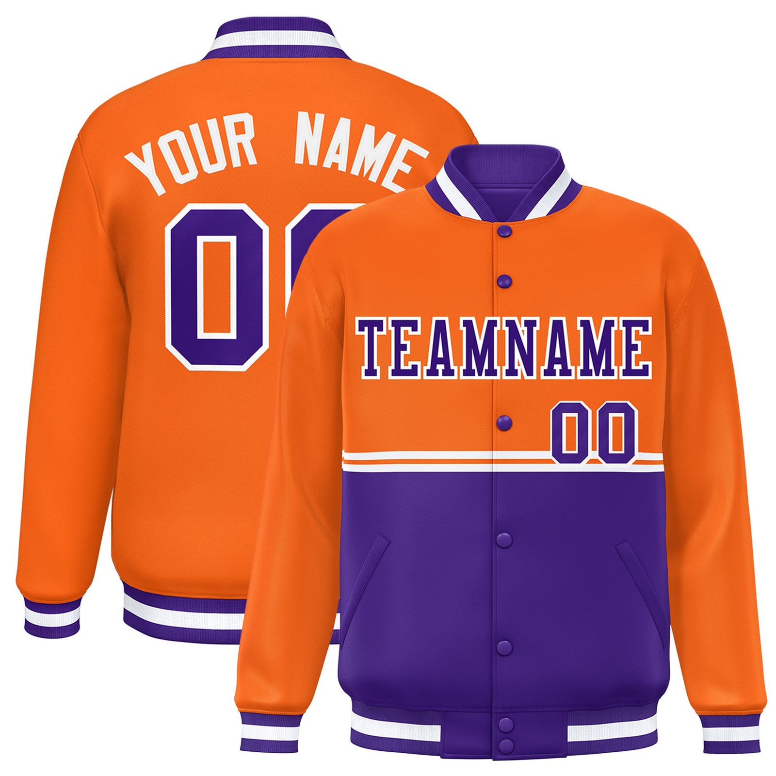 Custom Orange-Purple-Orange Varsity Full-Snap Letterman Color-Matching Split Fashion Jacket