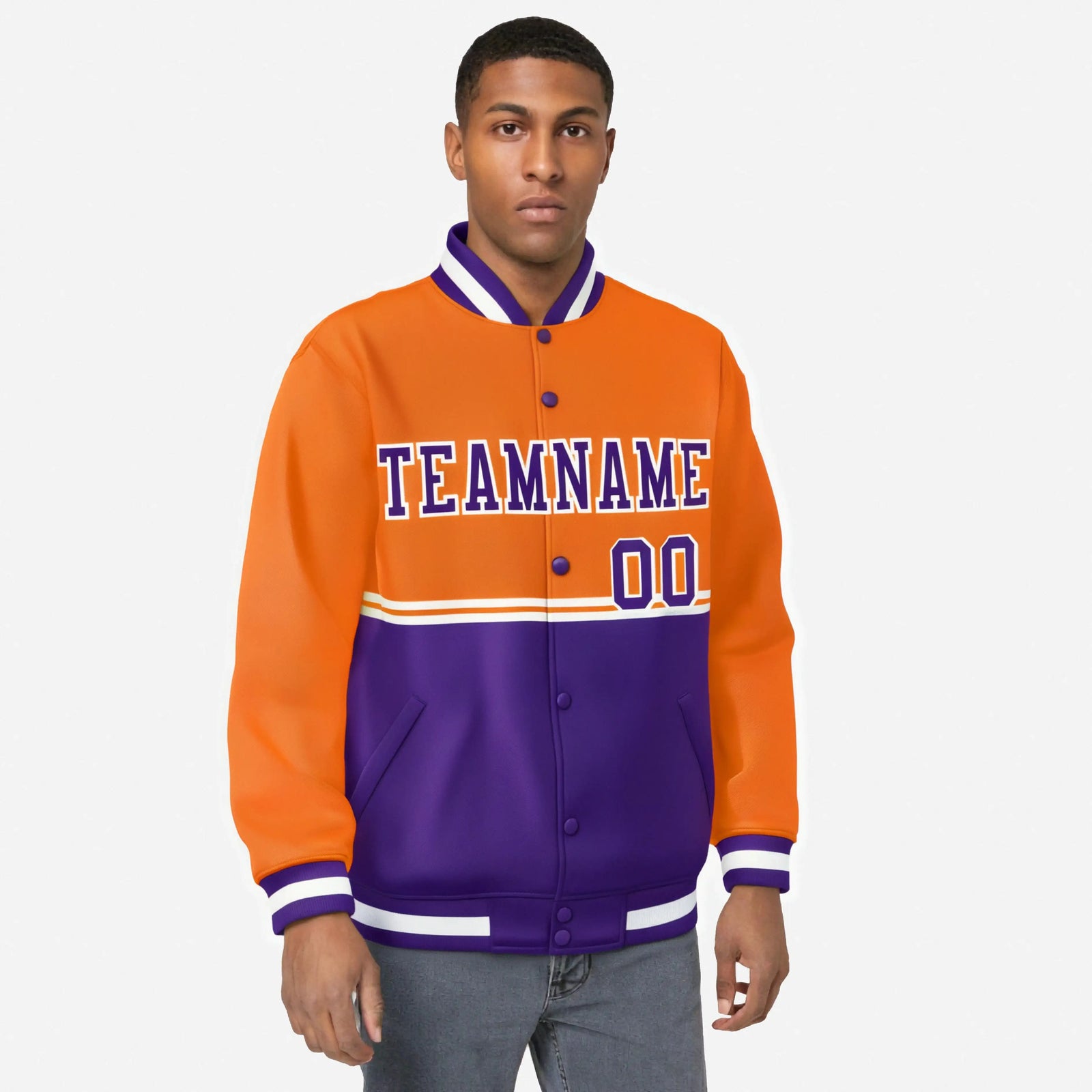 Custom Orange-Purple-Orange Varsity Full-Snap Letterman Color-Matching Split Fashion Jacket