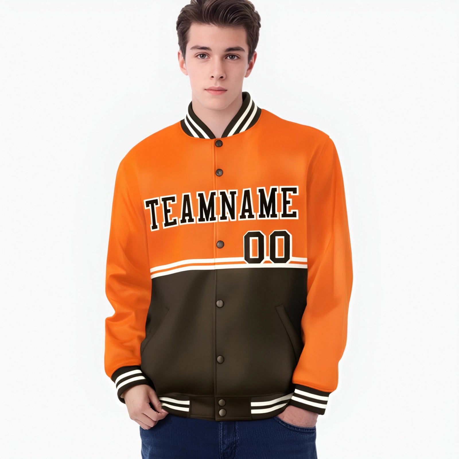 Custom Orange-Brown-Orange Varsity Full-Snap Letterman Color-Matching Split Fashion Jacket