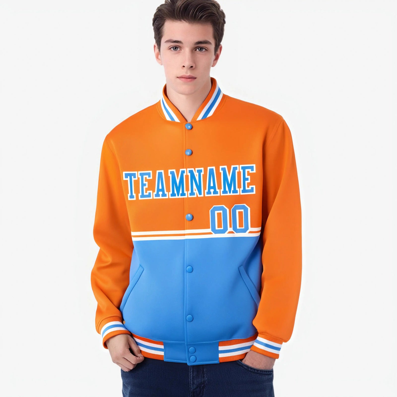 Custom Orange-Light Blue-Orange Varsity Full-Snap Letterman Color-Matching Split Fashion Jacket