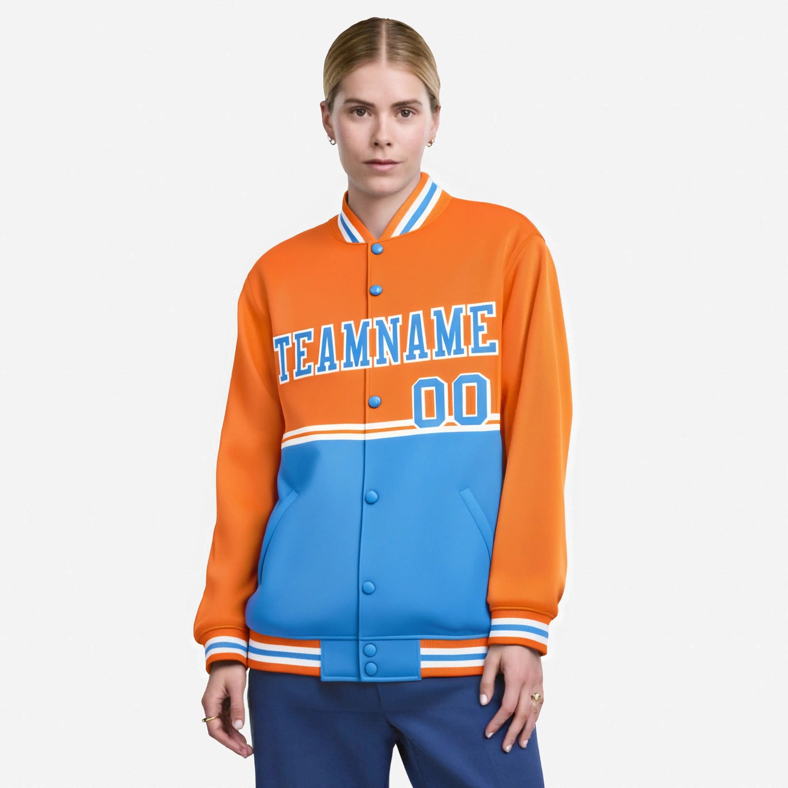 Custom Orange-Light Blue-Orange Varsity Full-Snap Letterman Color-Matching Split Fashion Jacket