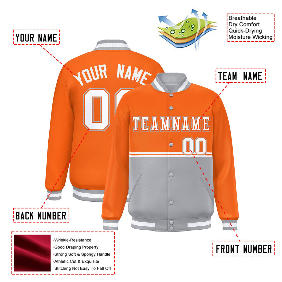 Custom Orange-Gray-Orange Varsity Full-Snap Letterman Color-Matching Split Fashion Jacket
