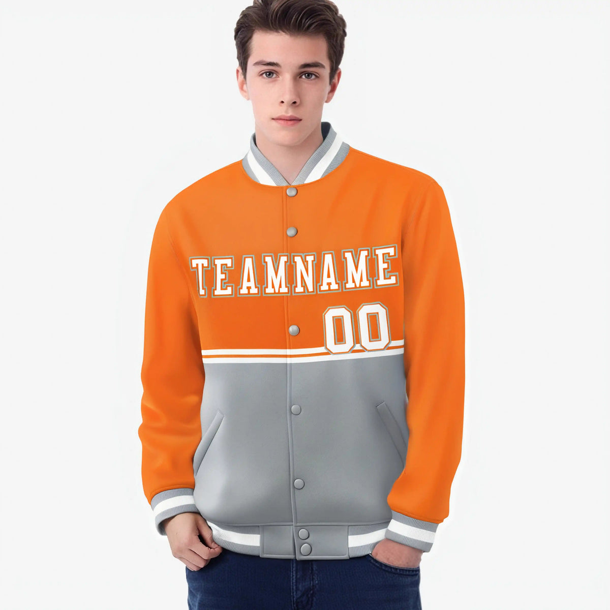 Custom Orange-Gray-Orange Varsity Full-Snap Letterman Color-Matching Split Fashion Jacket