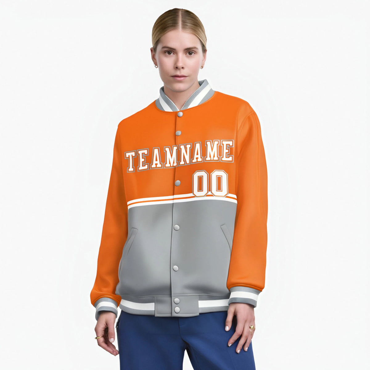 Custom Orange-Gray-Orange Varsity Full-Snap Letterman Color-Matching Split Fashion Jacket