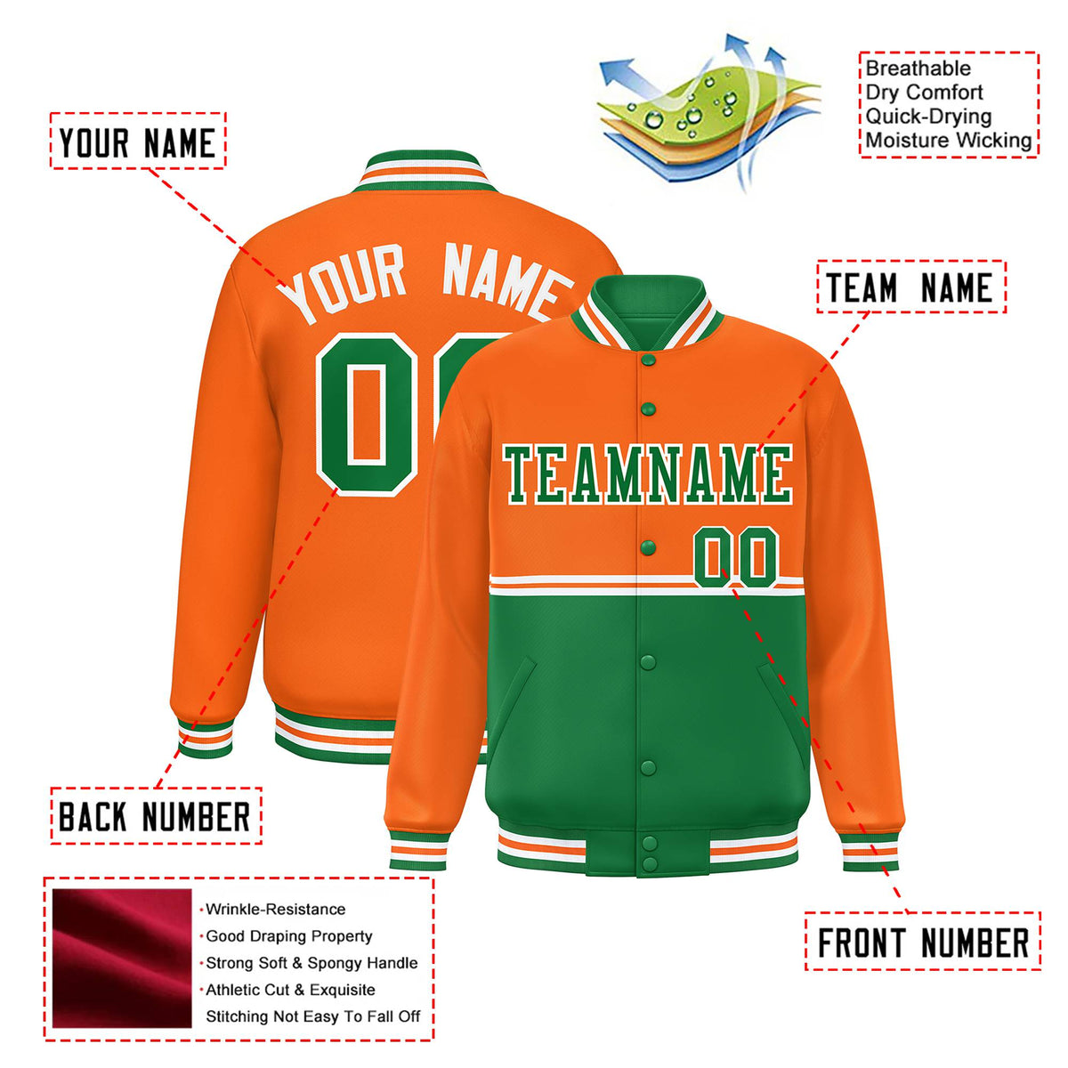 Custom Orange-Kelly Green-Orange Varsity Full-Snap Letterman Color-Matching Split Fashion Jacket