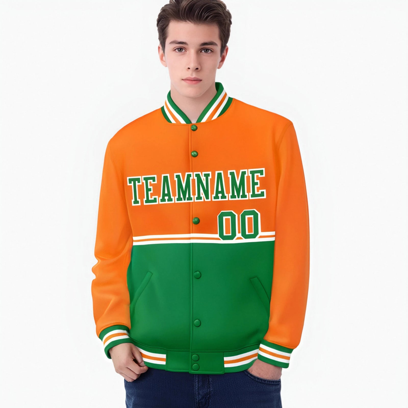 Custom Orange-Kelly Green-Orange Varsity Full-Snap Letterman Color-Matching Split Fashion Jacket