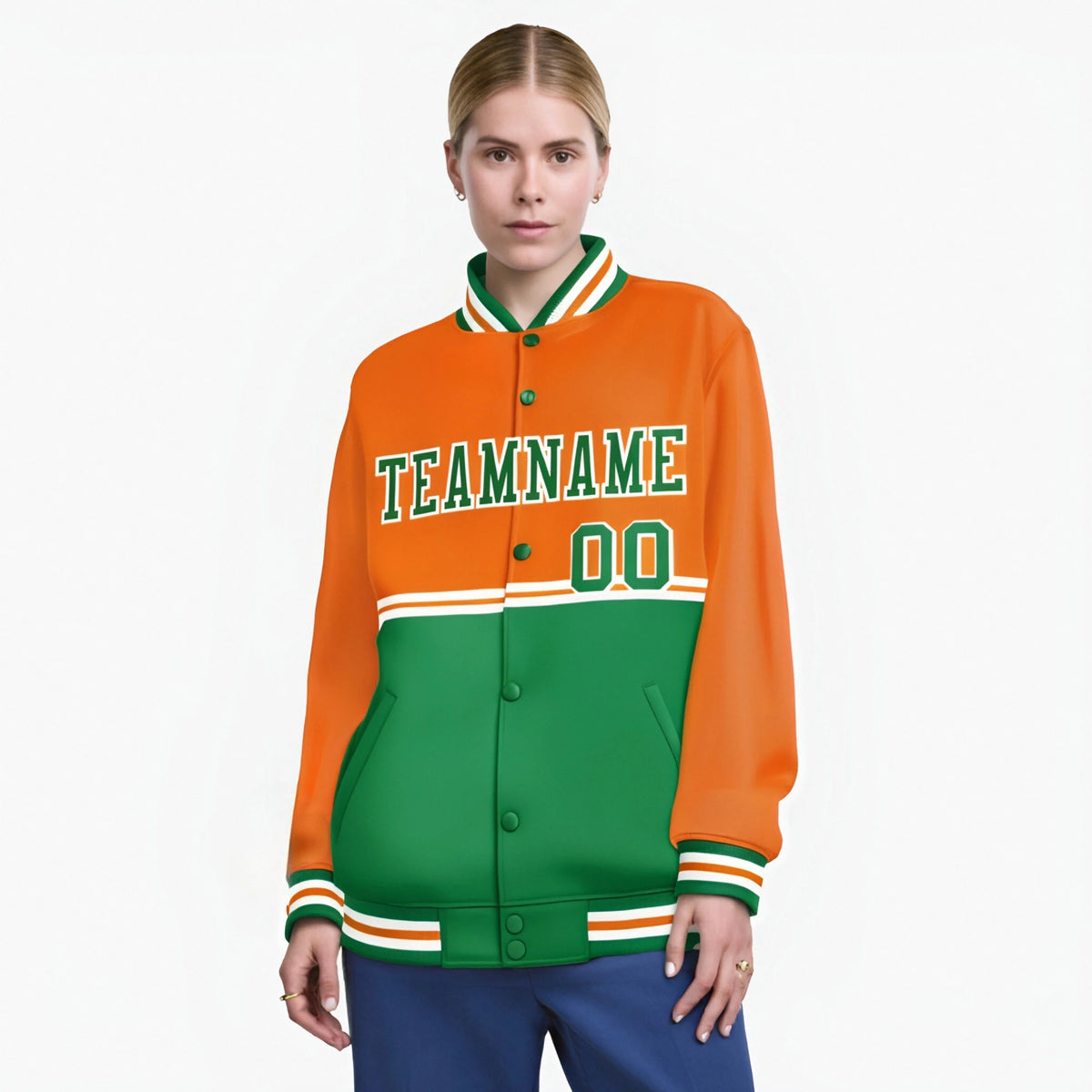 Custom Orange-Kelly Green-Orange Varsity Full-Snap Letterman Color-Matching Split Fashion Jacket